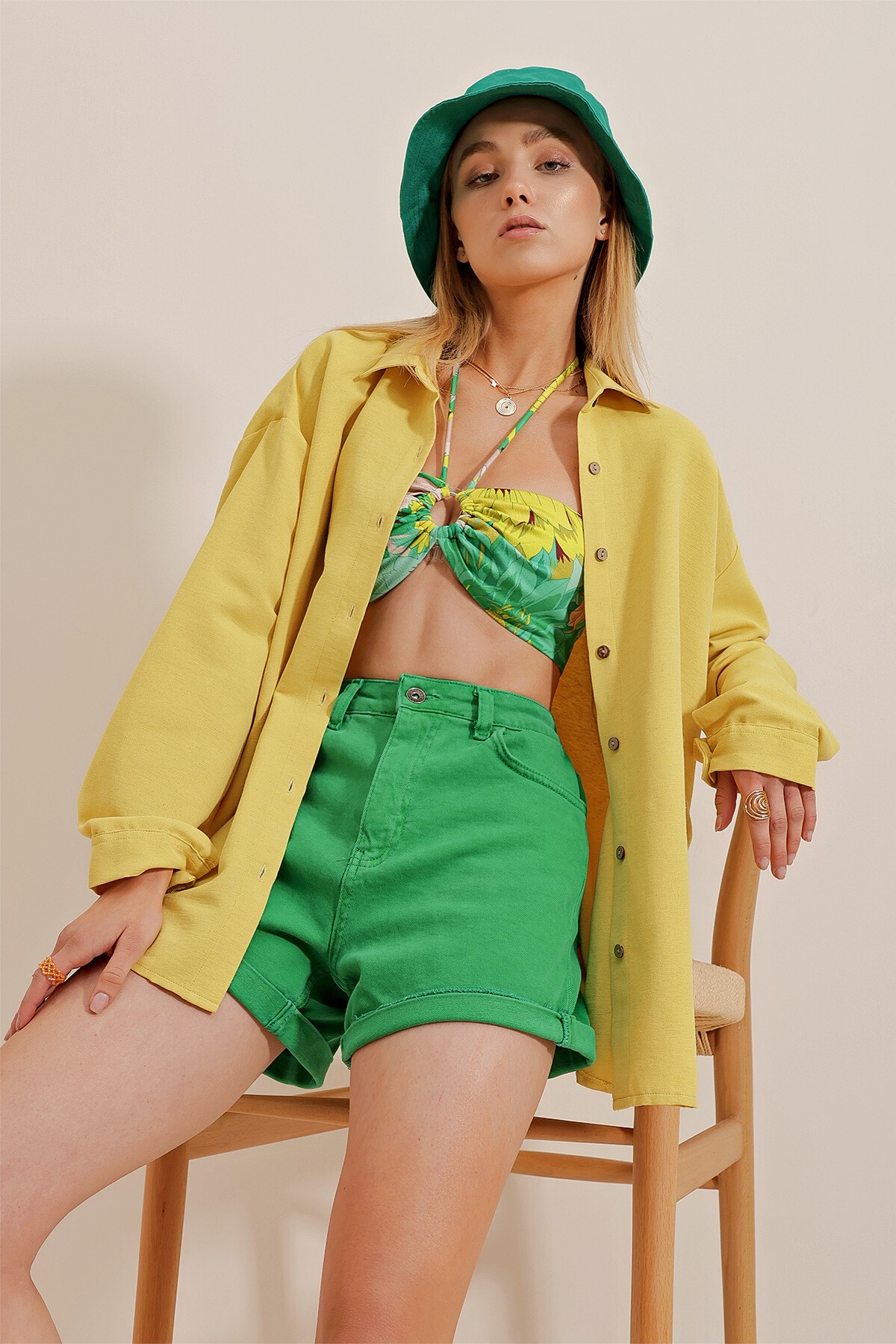 Sarı Oversize Keten Gömlek