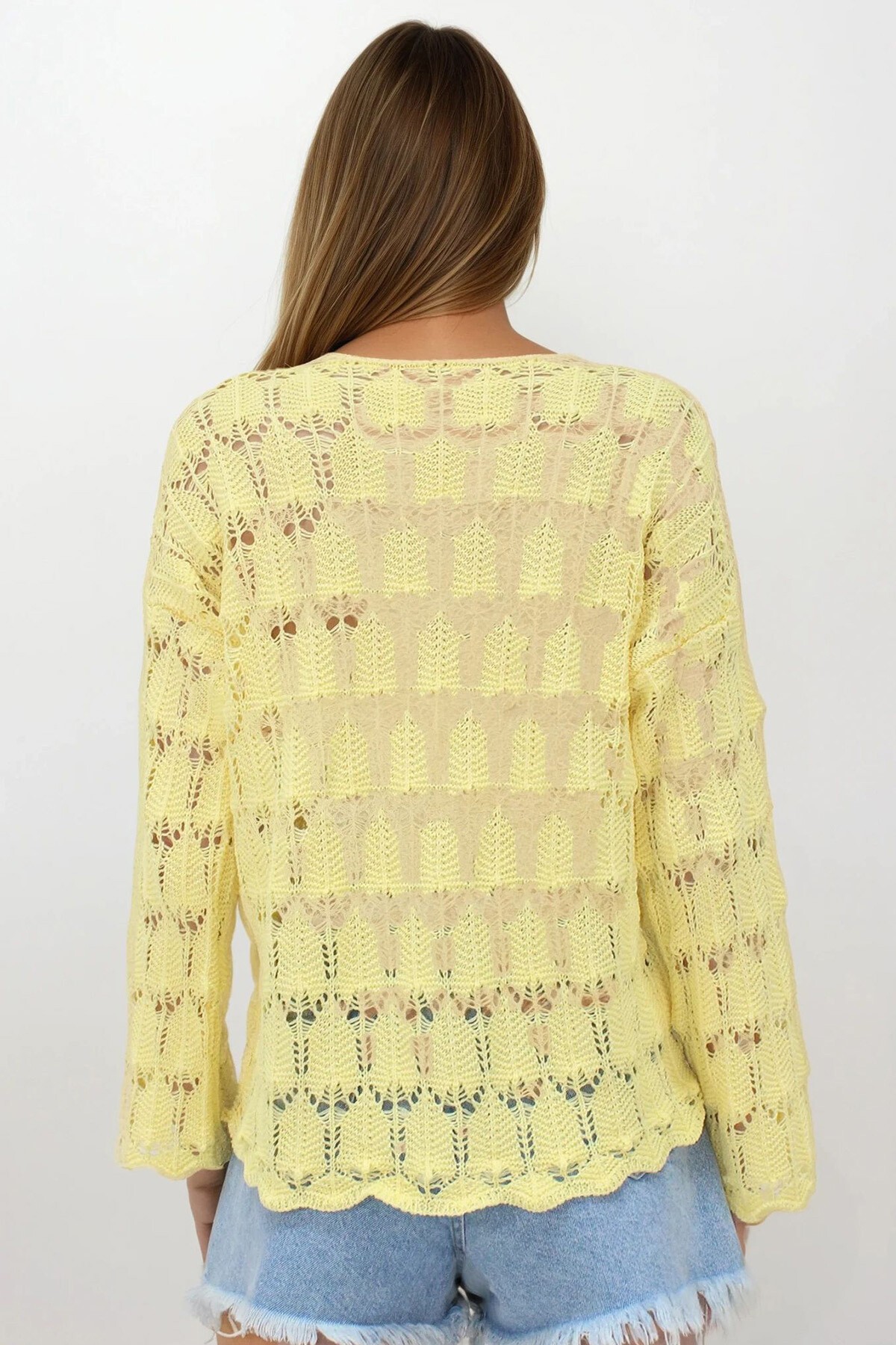 Sarı V Yaka Ajurlu Bluz