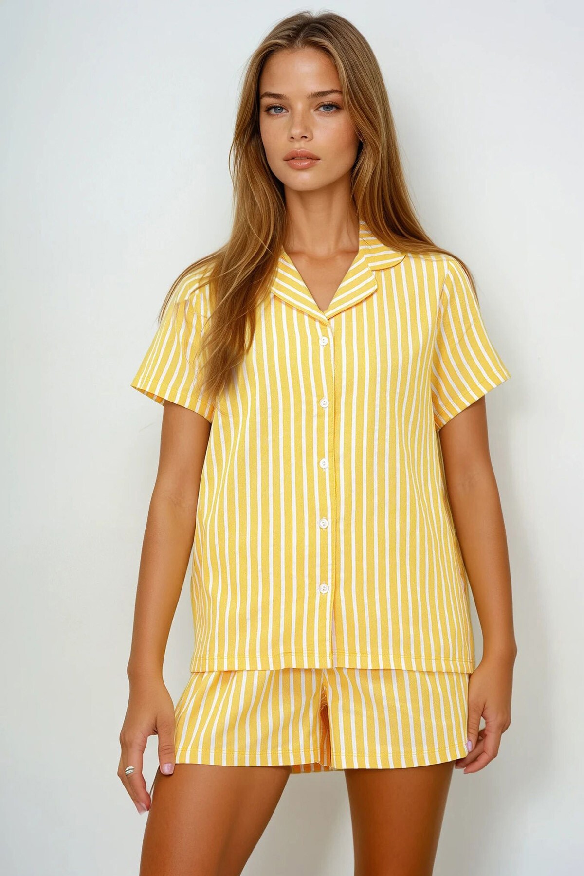 Sarı Yazlık Pamuk Örme Gömlek Ve Şort Pijama Takım