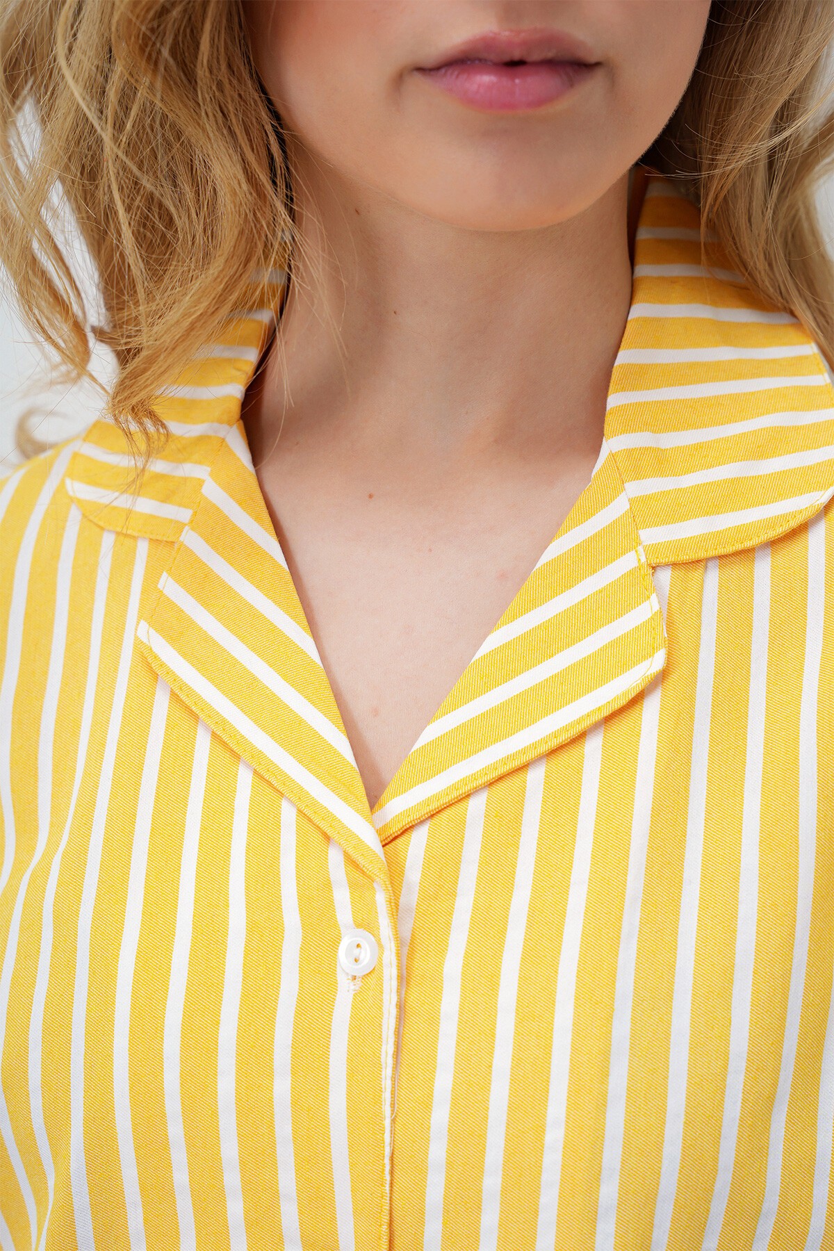 Sarı Yazlık Pamuk Örme Gömlek Ve Şort Pijama Takım