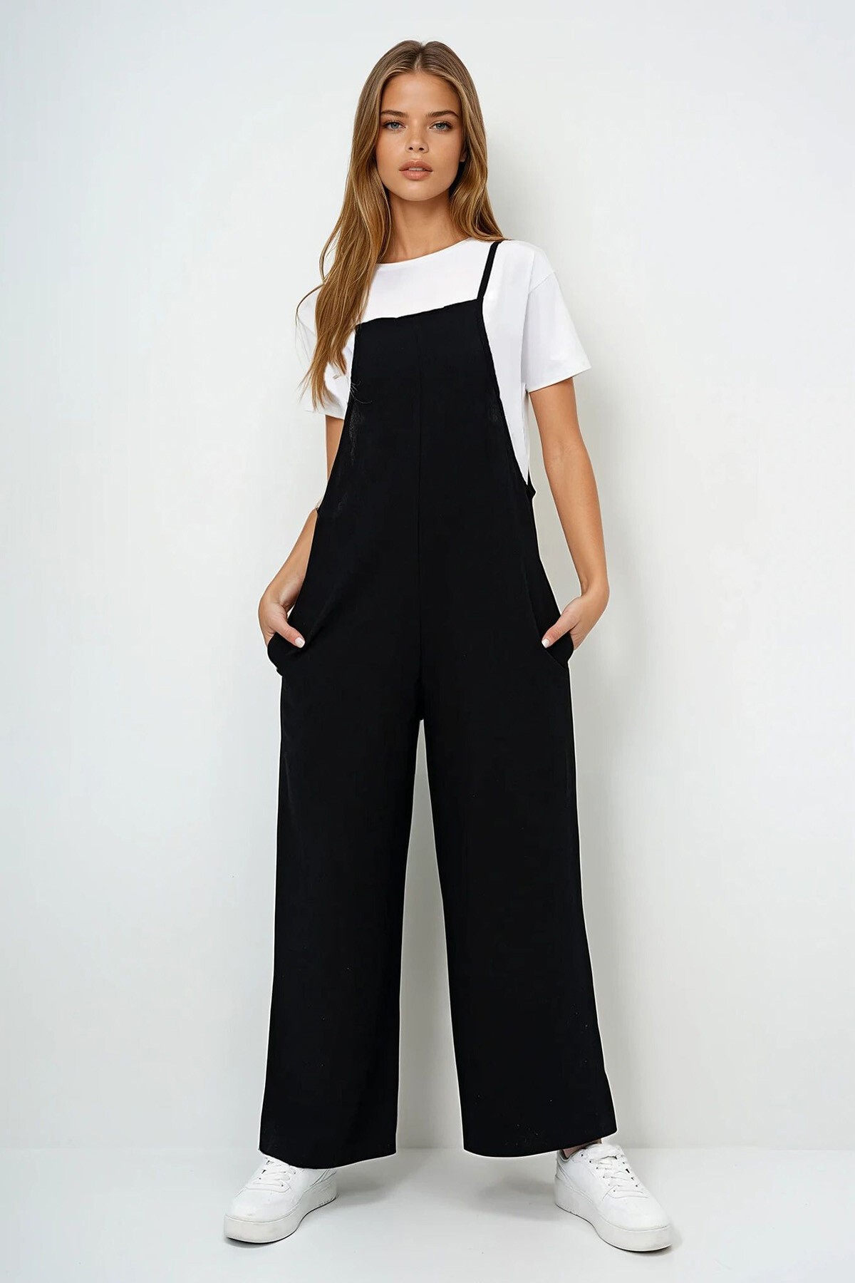 Siyah Askılı Bol Kesim Keten Tulum Ve Basic Pamuklu  T Shirt 2Li Takım