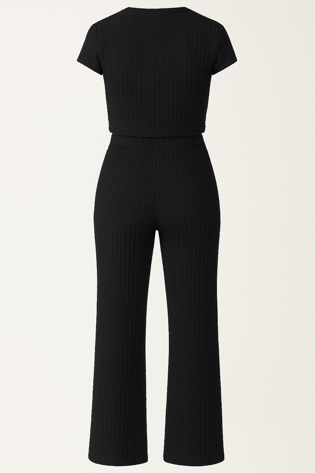 Siyah Bağlama Detaylı Crop Bluz Ve Pantolon Takım