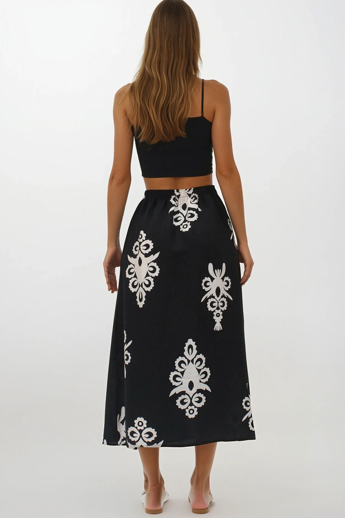 Siyah Beli Lastikli Çift Cepli Desenli Maxi Boy Etek