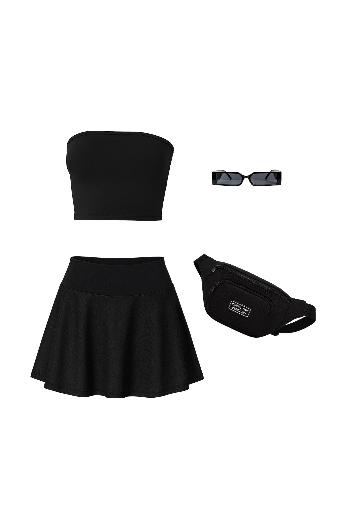 Siyah Beli Lastikli Şort Etek Gözlük Çanta Ve Büstiyer Takım Stay Fit V00023