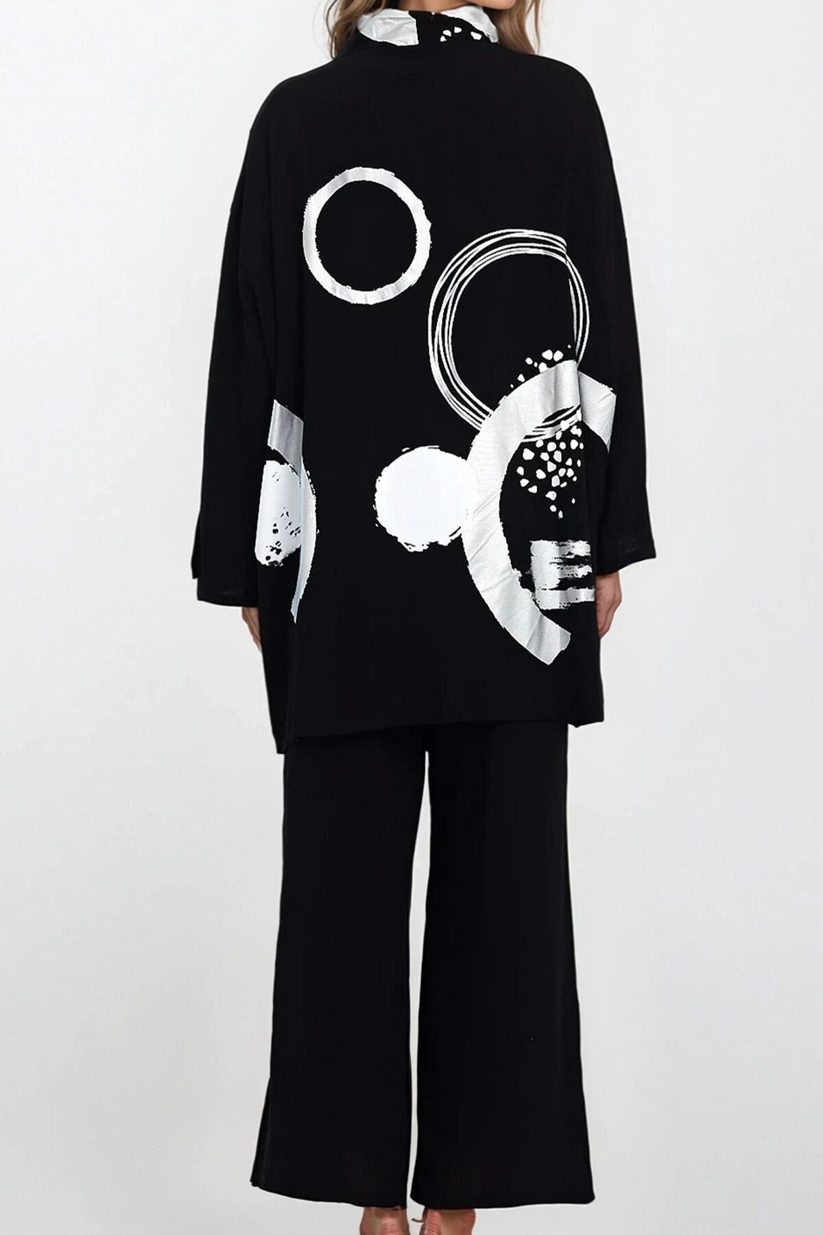 Siyah-Beyaz Desenli Kimono Bluz Ve Pantolon Büyük Beden Alt Üst Takım