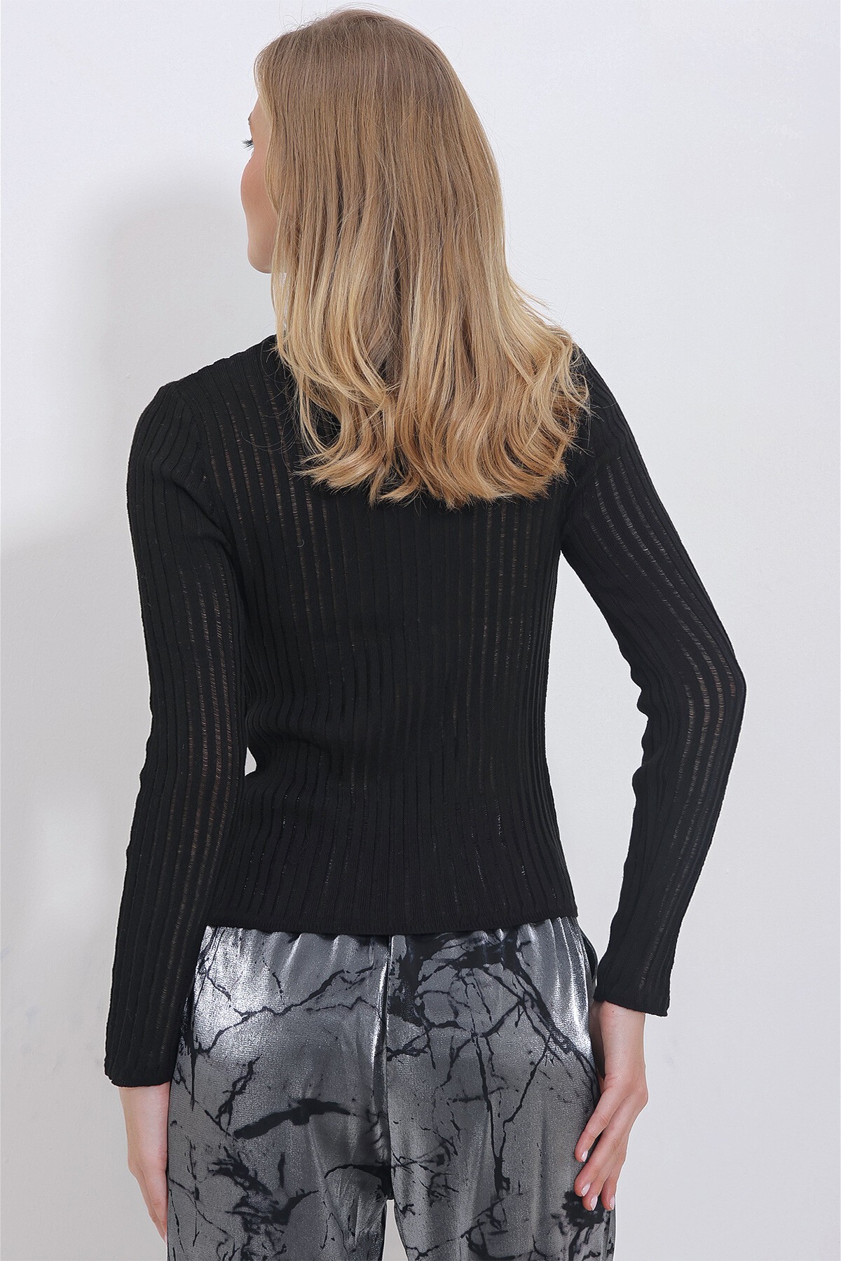 Siyah Bisiklet Yaka Ajurlu Triko Basic Kazak