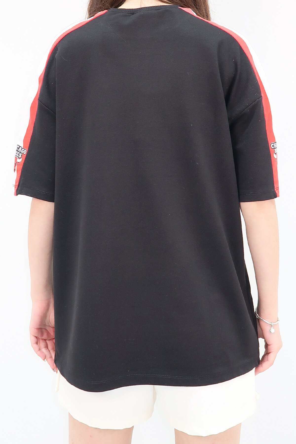 Siyah Bisiklet Yaka Dijital Baskılı İki İplik Unisex Oversize T Shirt