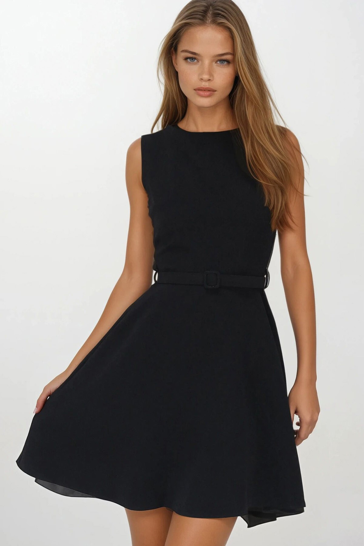 Siyah Bisiklet Yaka Fermuar Kapamalı Çift Cepli Kemerli Elbise