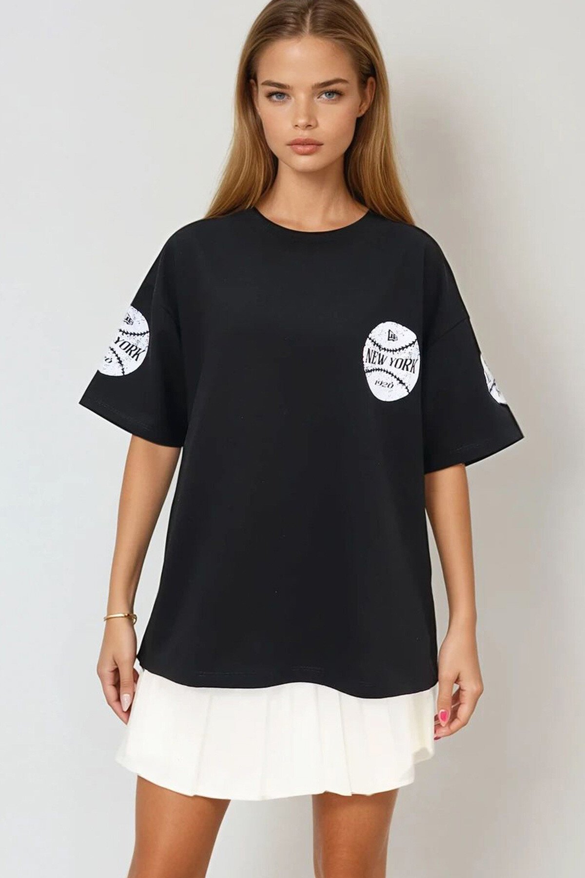 Siyah Bisiklet Yaka Ön Ve Arka Dijital Baskılı İki İplik Unisex Oversize T Shirt