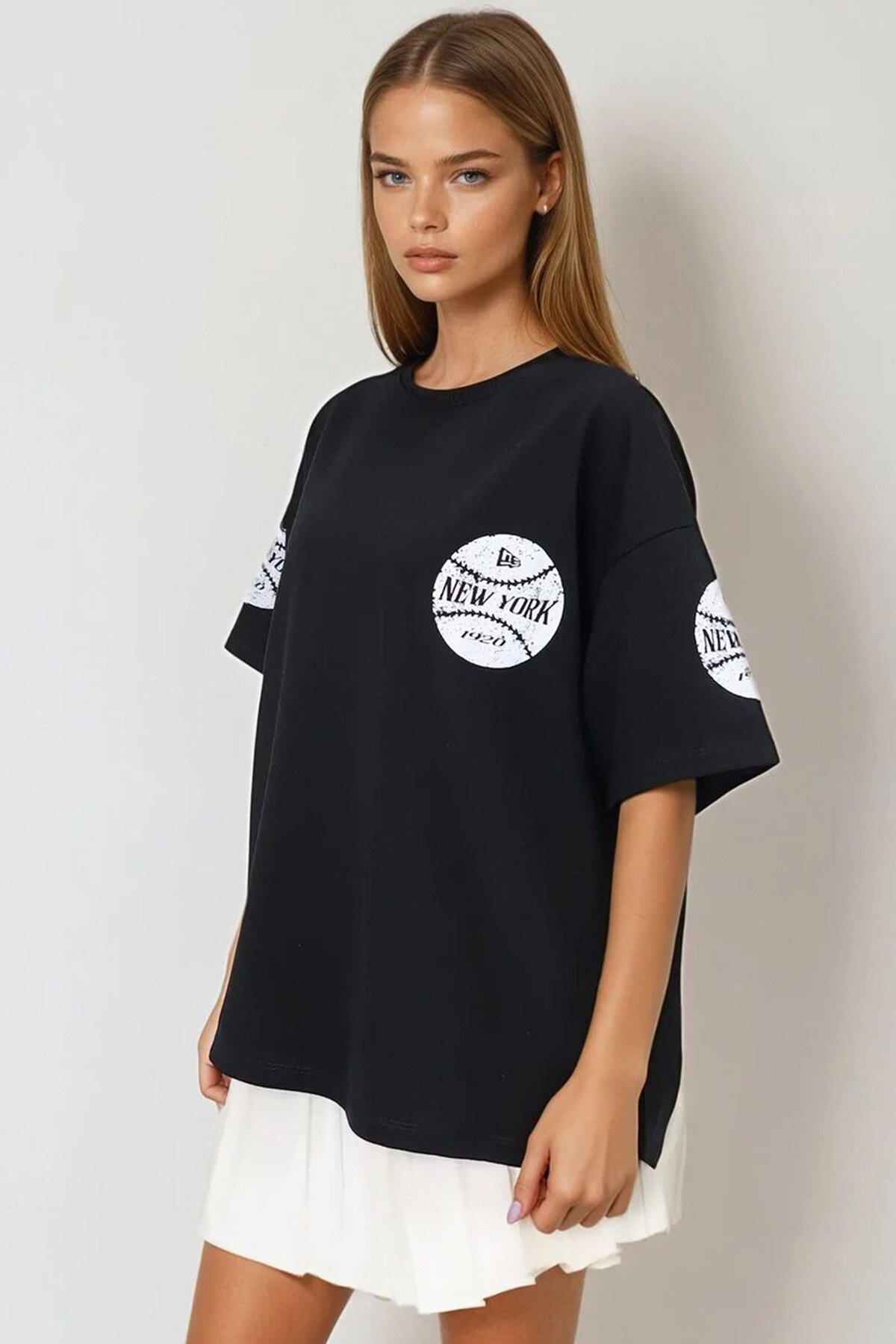 Siyah Bisiklet Yaka Ön Ve Arka Dijital Baskılı İki İplik Unisex Oversize T Shirt