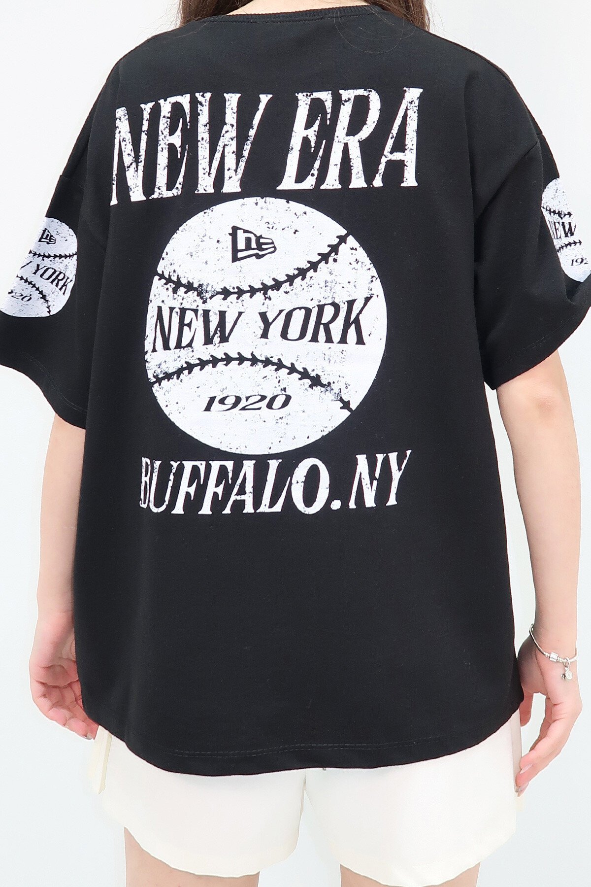 Siyah Bisiklet Yaka Ön Ve Arka Dijital Baskılı İki İplik Unisex Oversize T Shirt