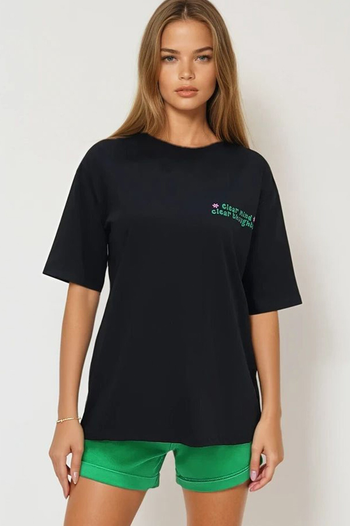 Siyah Bisiklet Yaka Önü Ve Arkası Flok Baskılı %100 Pamuk Oversize T Shirt