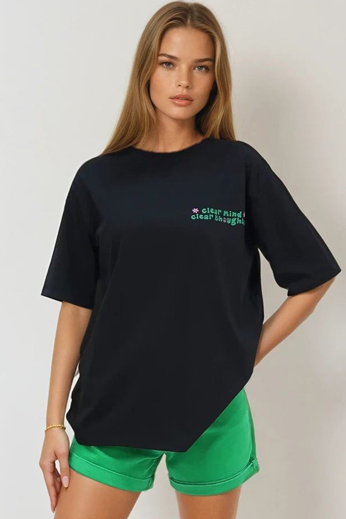 Siyah Bisiklet Yaka Önü Ve Arkası Flok Baskılı %100 Pamuk Oversize T Shirt