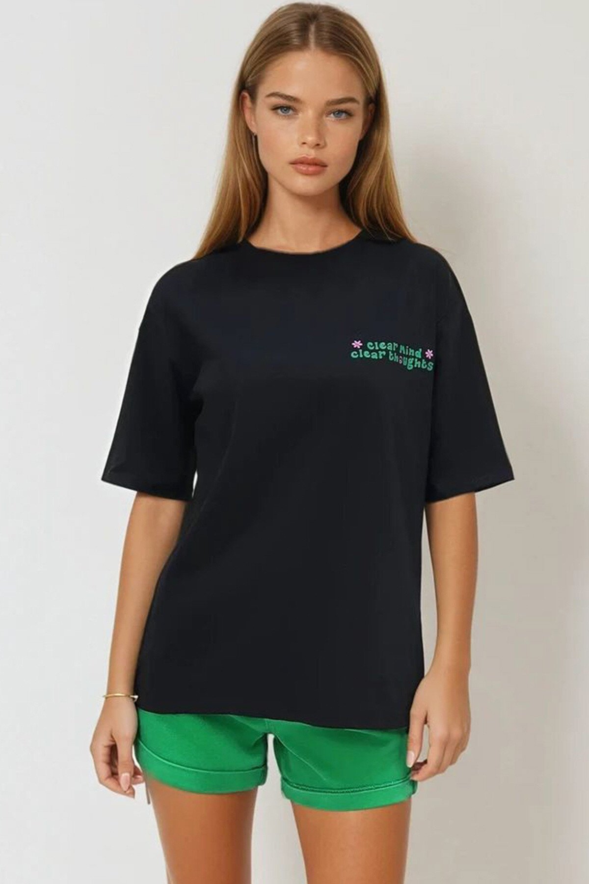 Siyah Bisiklet Yaka Önü Ve Arkası Flok Baskılı %100 Pamuk Oversize T Shirt