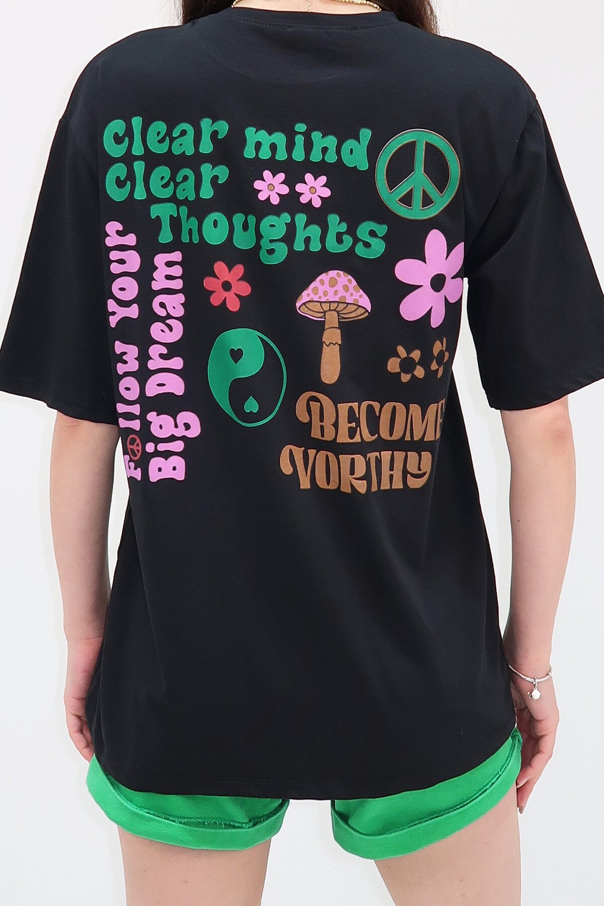 Siyah Bisiklet Yaka Önü Ve Arkası Flok Baskılı %100 Pamuk Oversize T Shirt