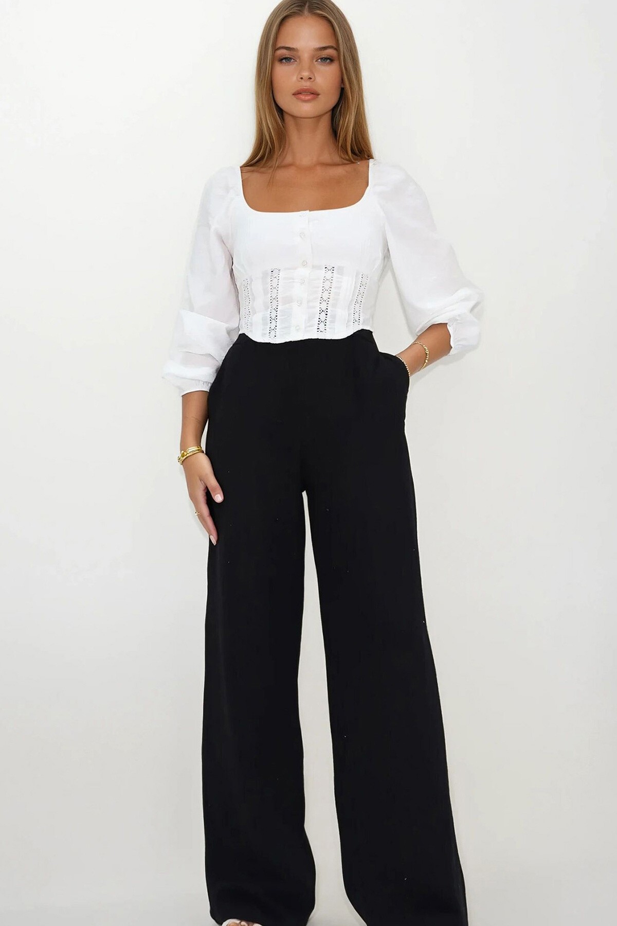 Siyah Çift Cepli Beli Lastikli Müslin Palazzo Pantolon