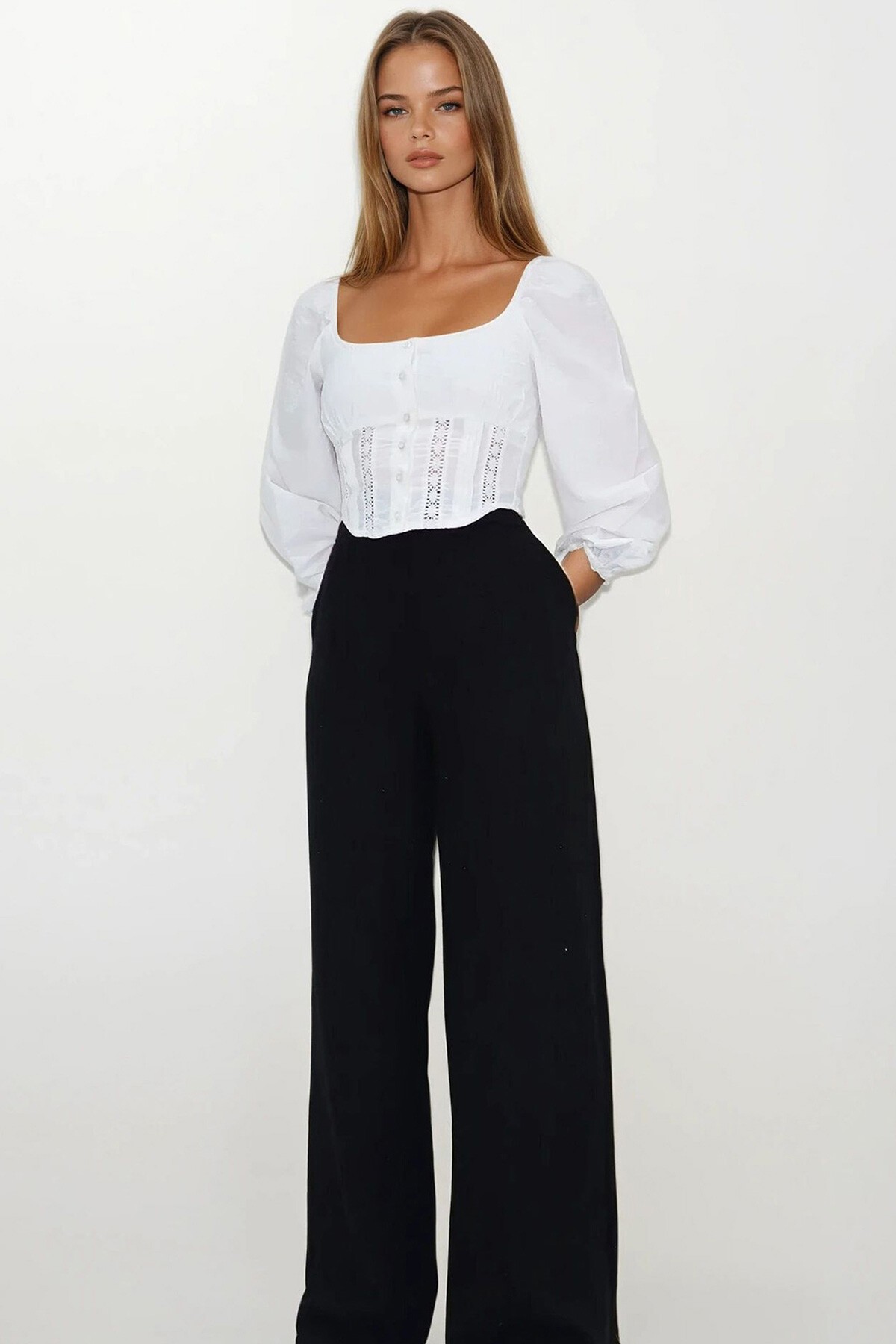 Siyah Çift Cepli Beli Lastikli Müslin Palazzo Pantolon