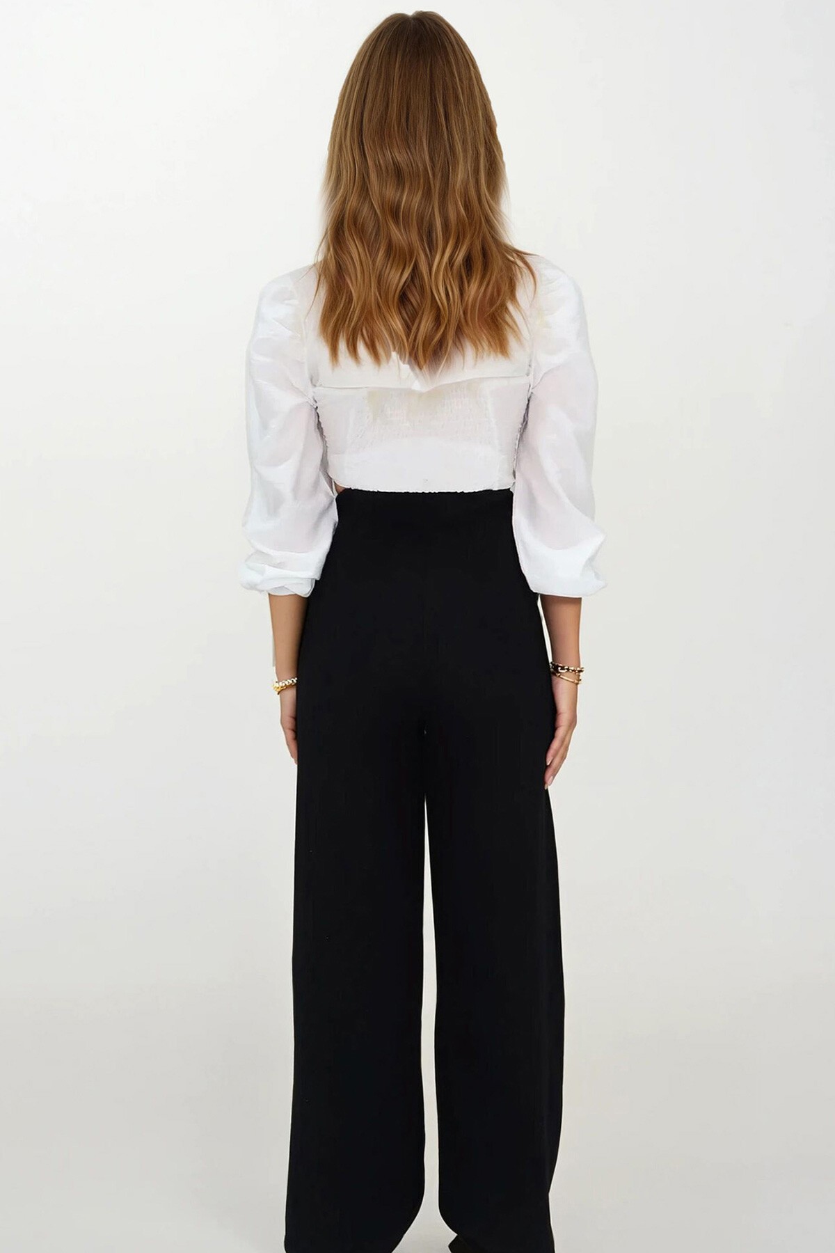 Siyah Çift Cepli Beli Lastikli Müslin Palazzo Pantolon