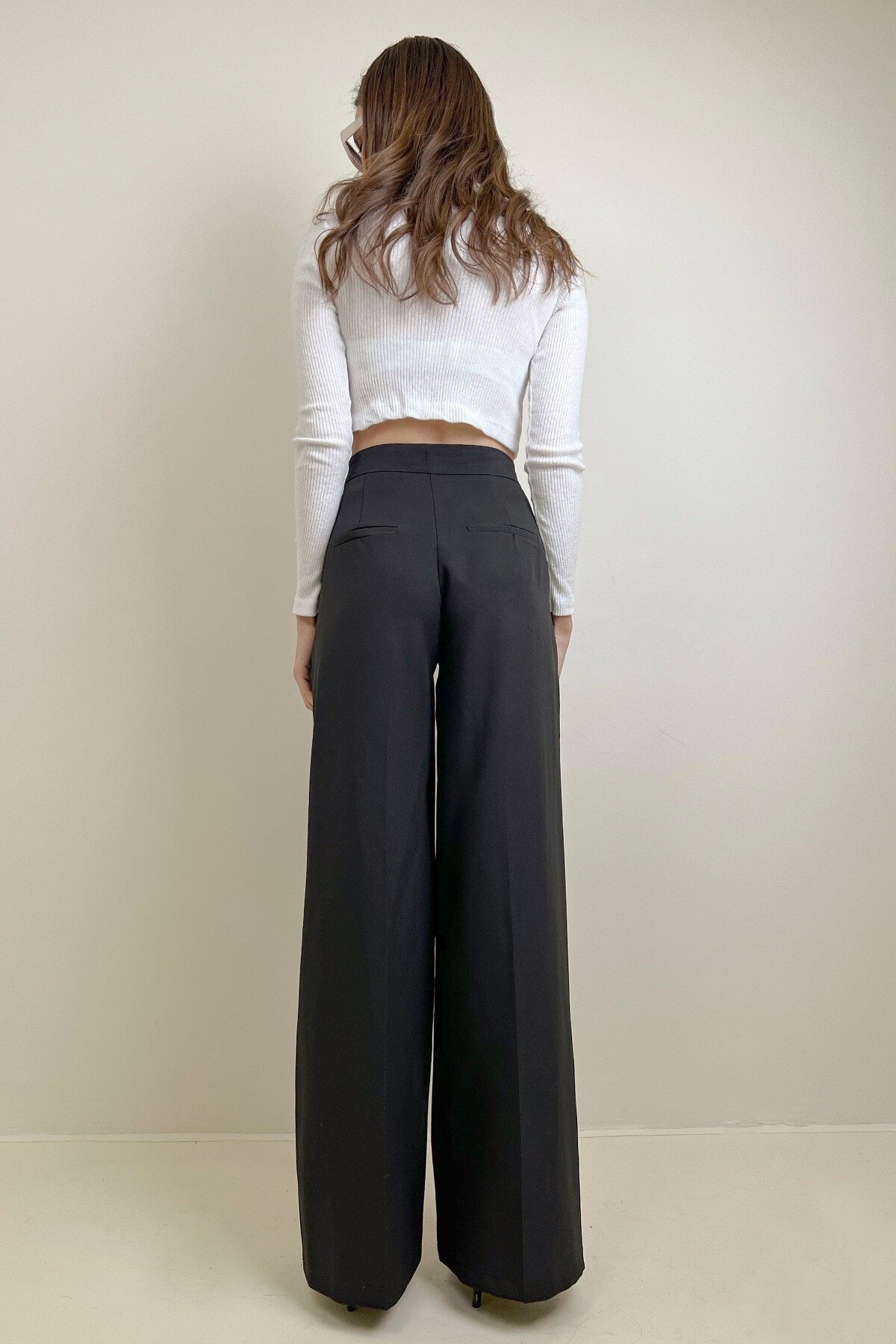 Siyah Çift Cepli Pileli Palazzo Pantolon