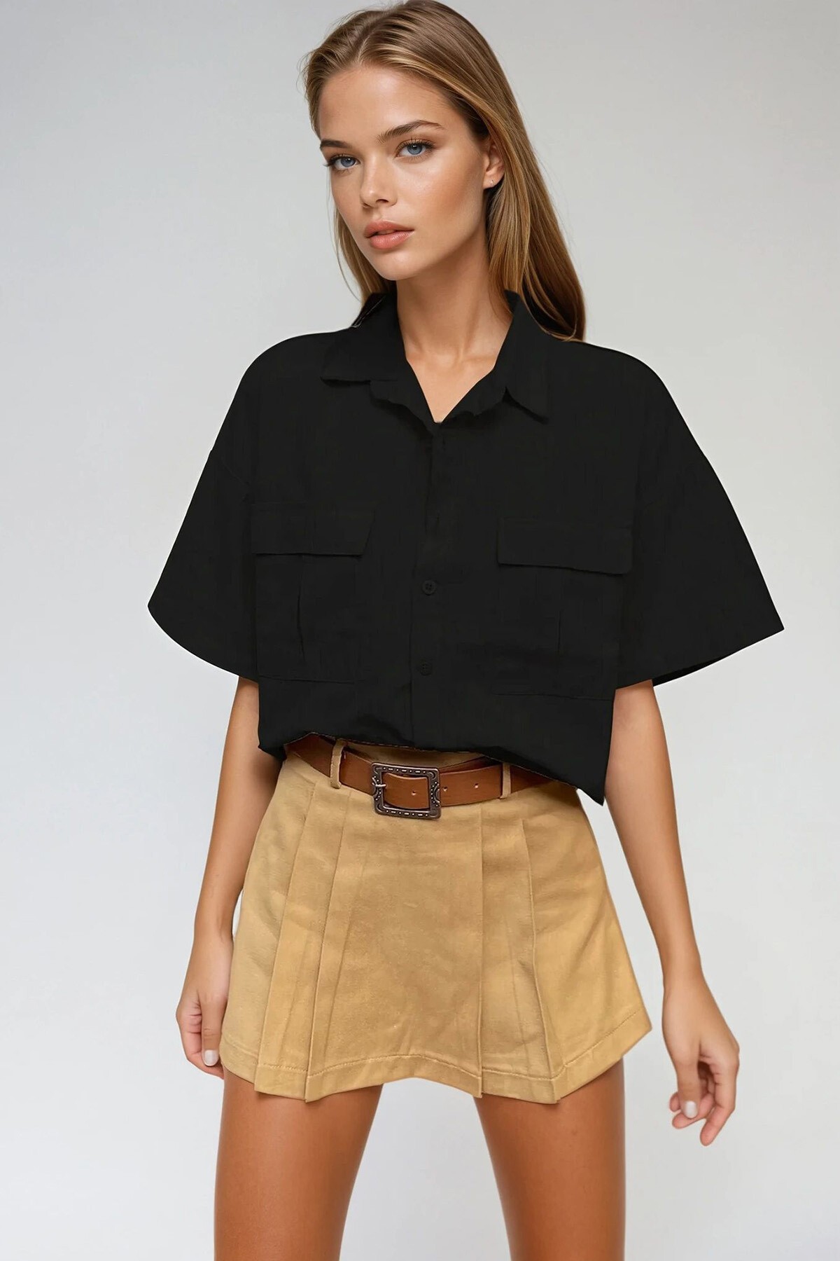 Siyah Çift Cepli Yarım Kol Keten Gömlek