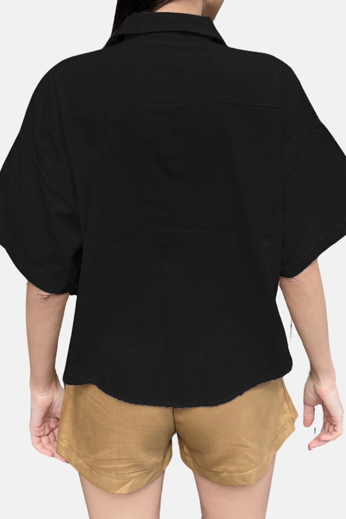 Siyah Çift Cepli Yarım Kol Keten Gömlek