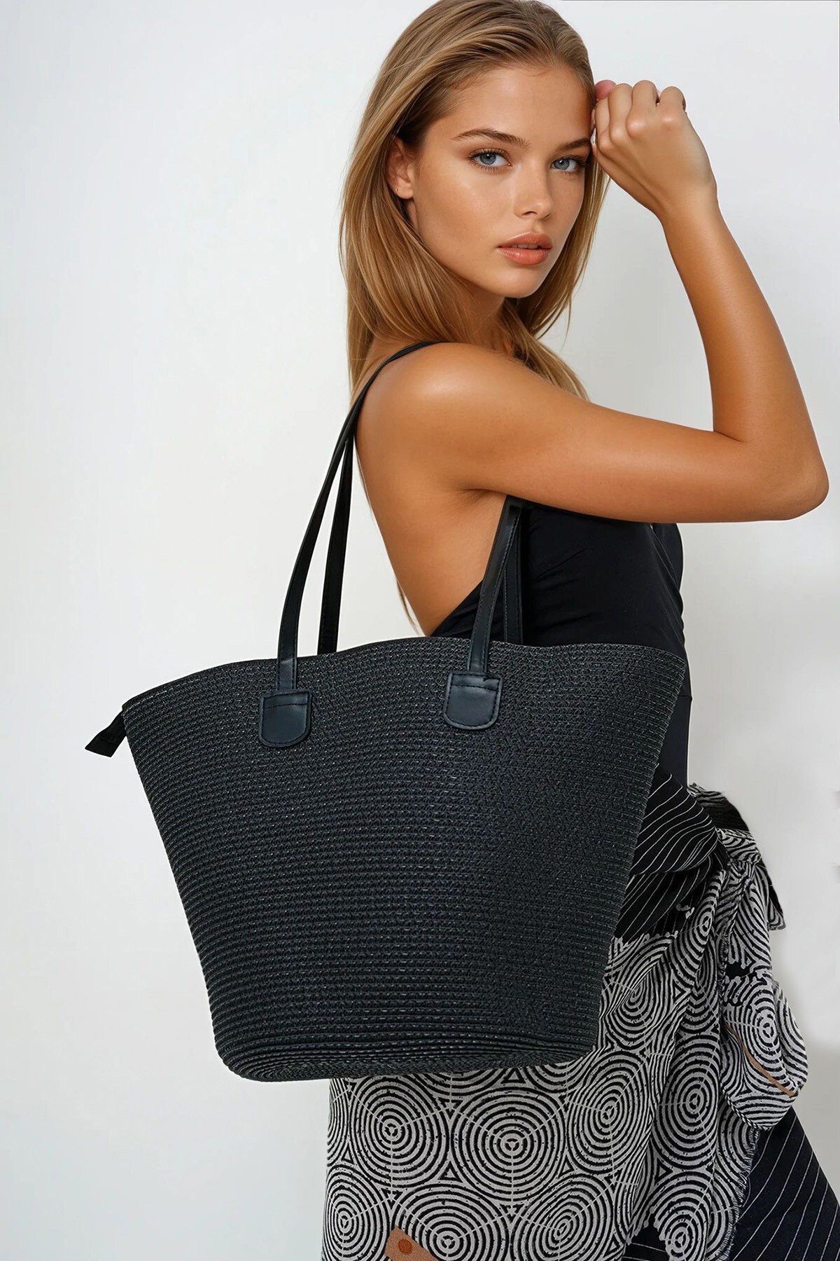 Siyah Deri Kordonlu Hasır Büyük Boy Plaj Çantası