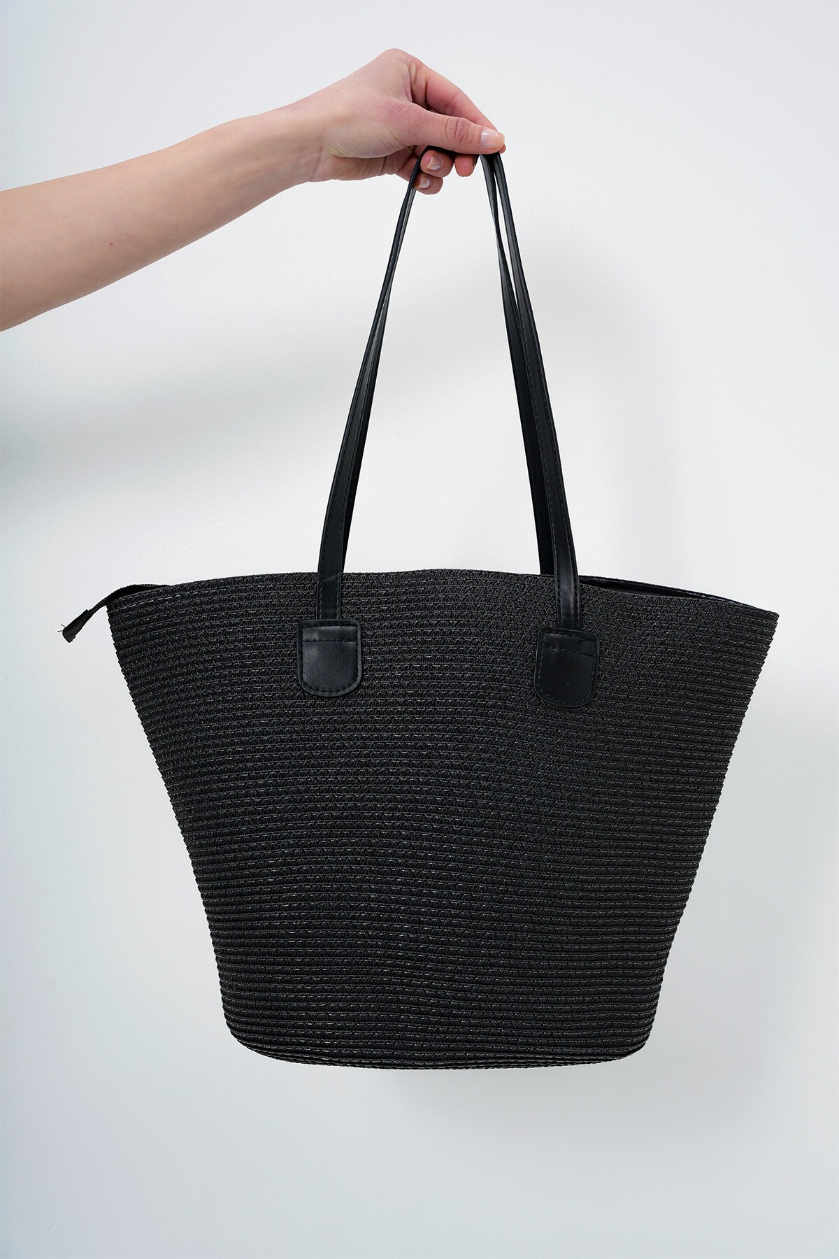 Siyah Deri Kordonlu Hasır Büyük Boy Plaj Çantası