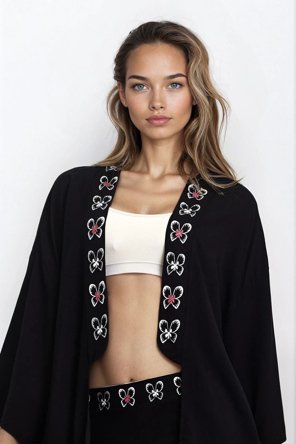 Siyah Desenli Kimono Ve Çift Cepli Pantolon Büyük Beden Alt Üst Takım