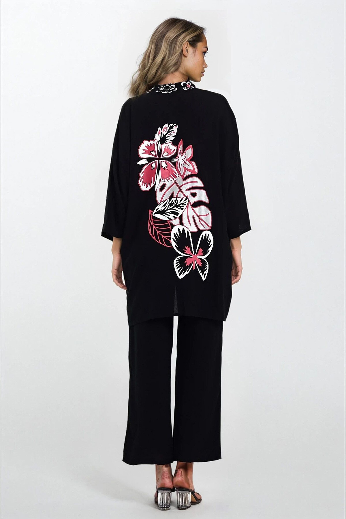 Siyah Desenli Kimono Ve Çift Cepli Pantolon Büyük Beden Alt Üst Takım