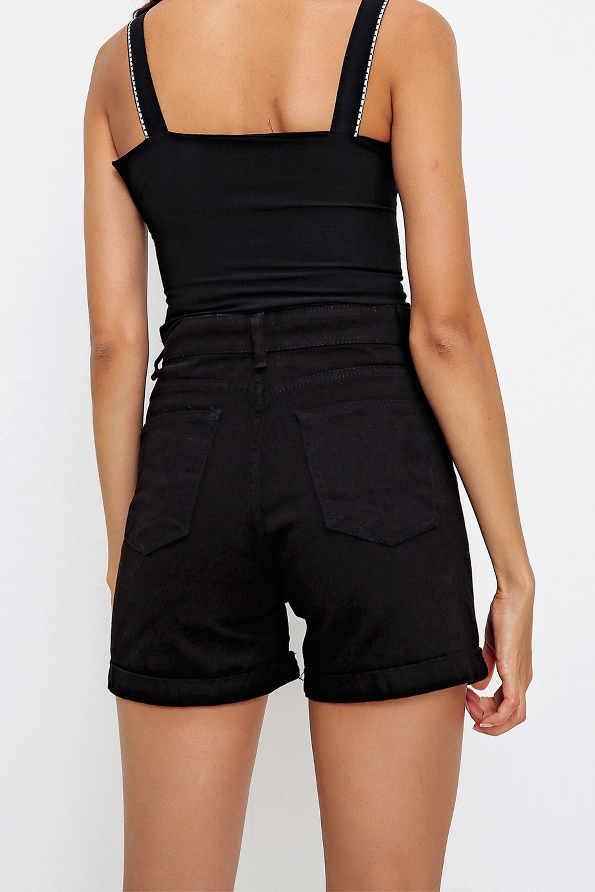 Siyah Duble Paça Yüksek Bel Denim Şort