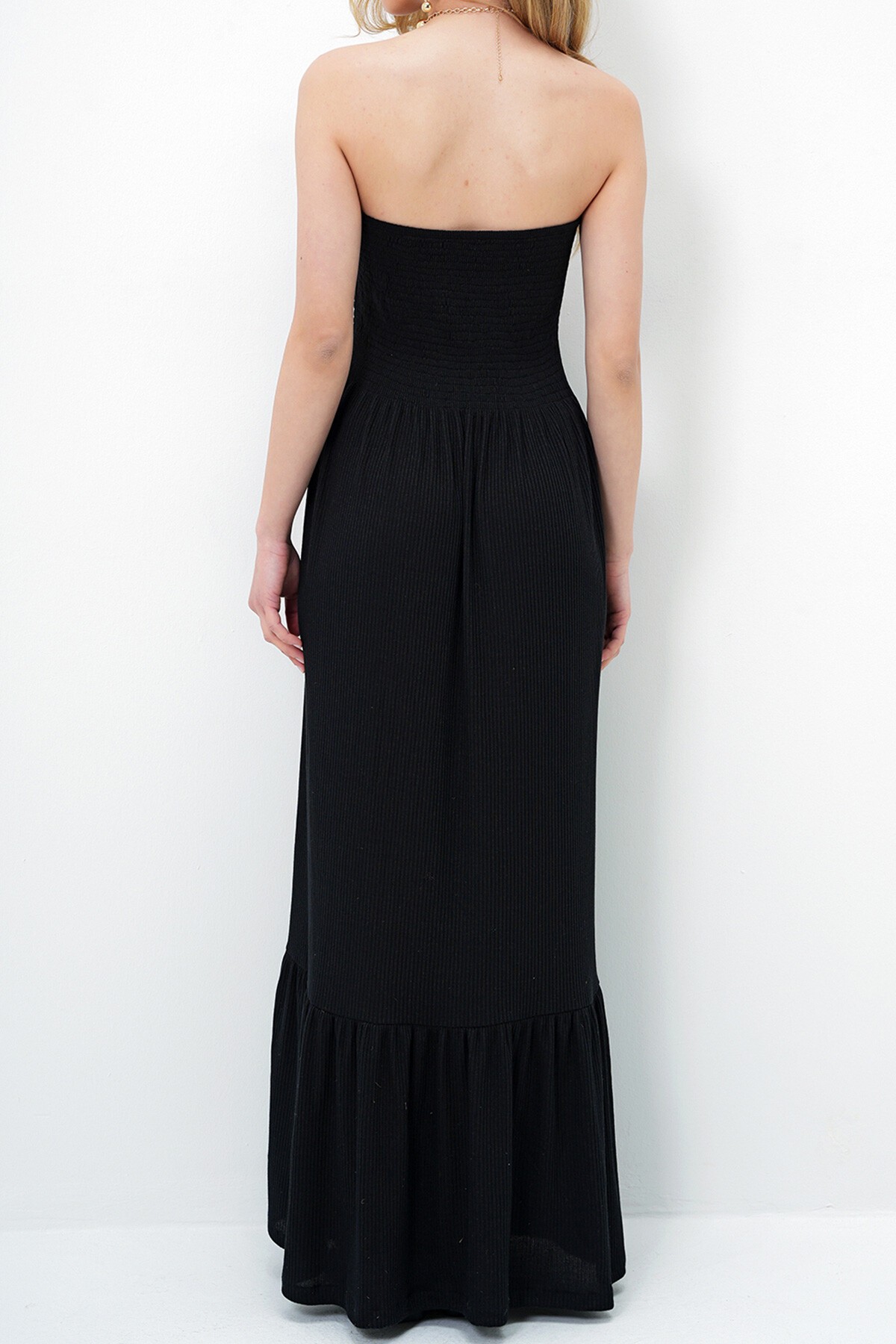 Siyah Eteği Volanlı Yazlık Uzun Straplez Elbise