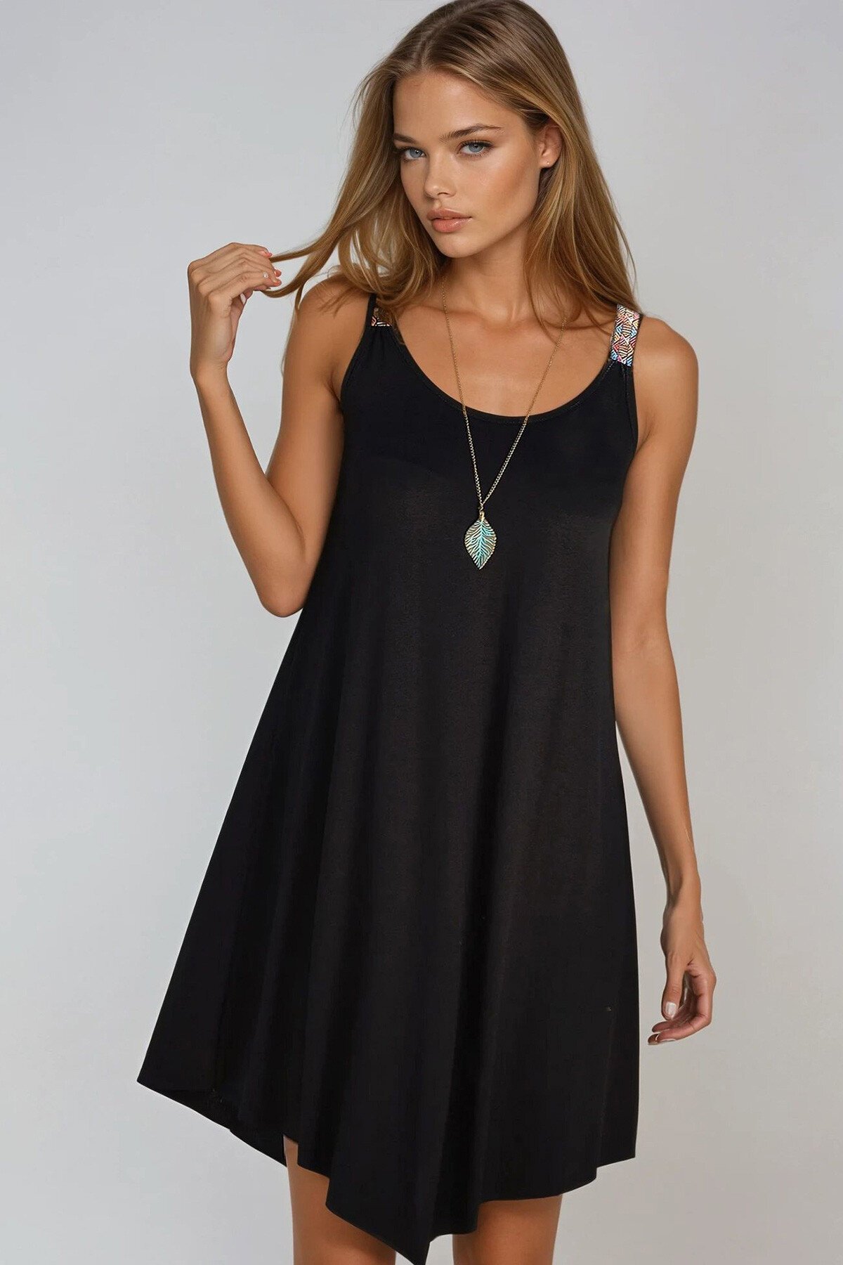 Siyah Etnik Askılı Viscon Asimetrik Kesim Elbise