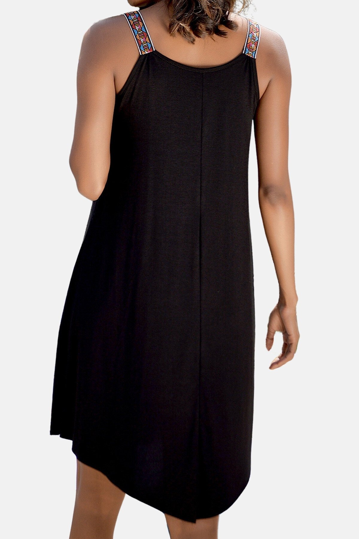 Siyah Etnik Askılı Viscon Asimetrik Kesim Elbise