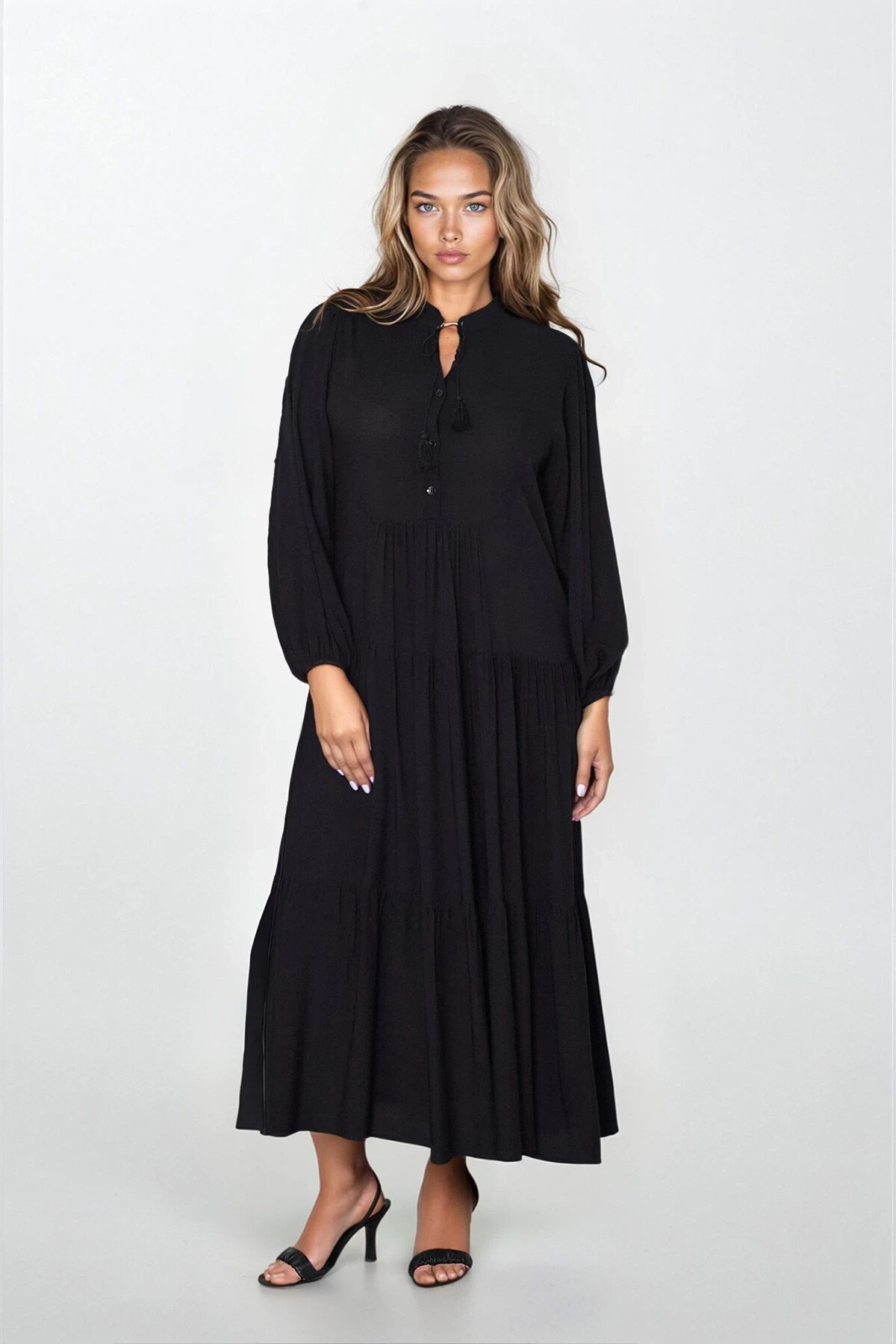 Siyah Hakim Yaka Bağcıklı Yatım Patlı Eteği Fırfırlı Büyük Beden Elbise