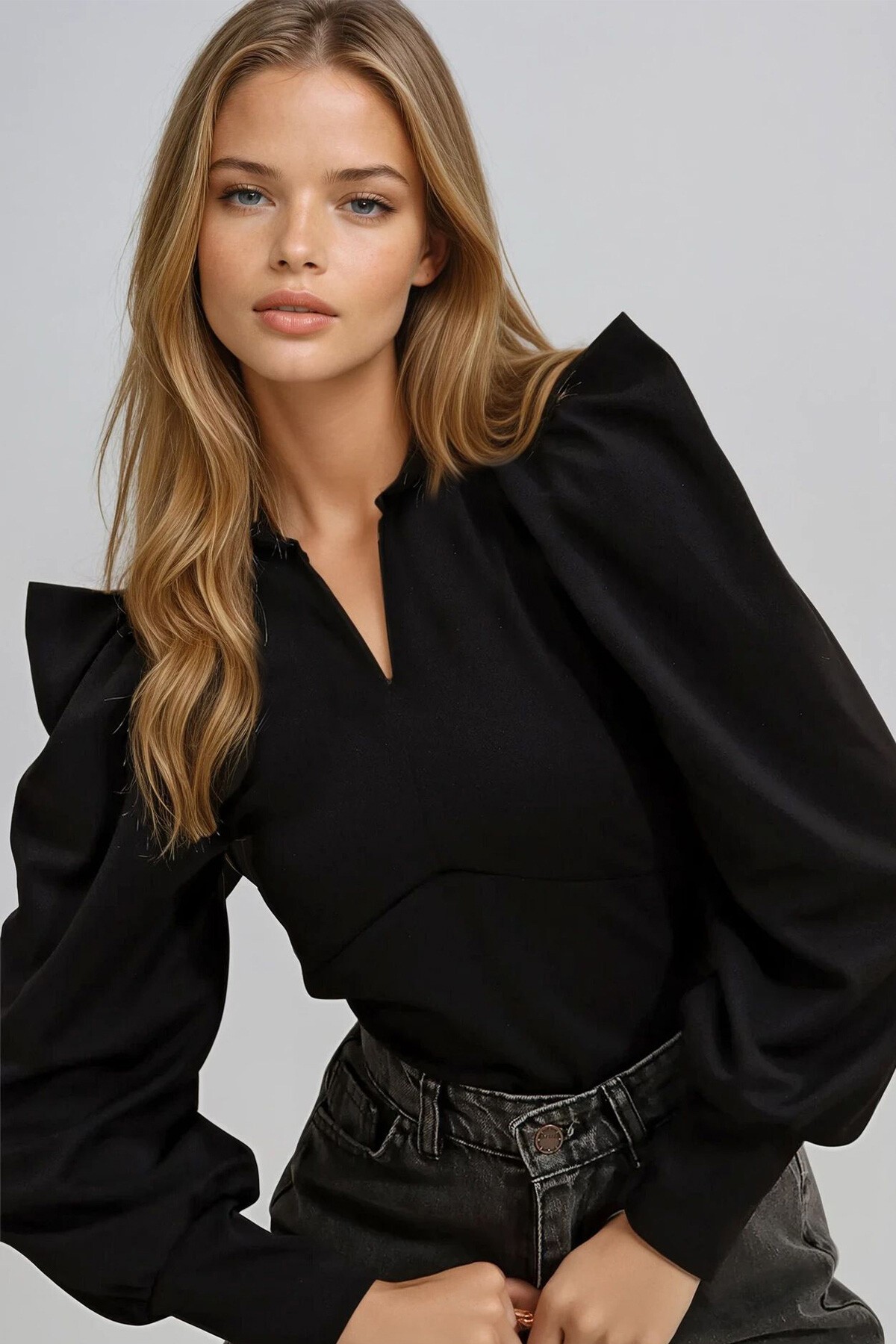 Siyah Hakim Yaka Prenses Kol Dokuma Crop Bluz