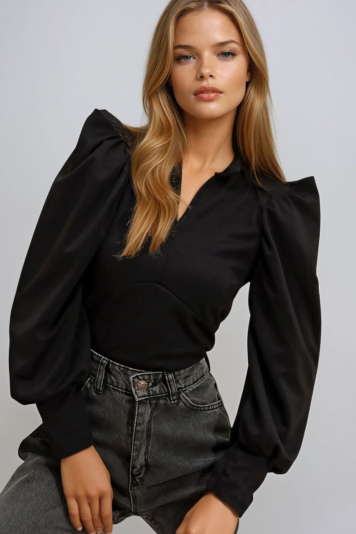 Siyah Hakim Yaka Prenses Kol Dokuma Crop Bluz