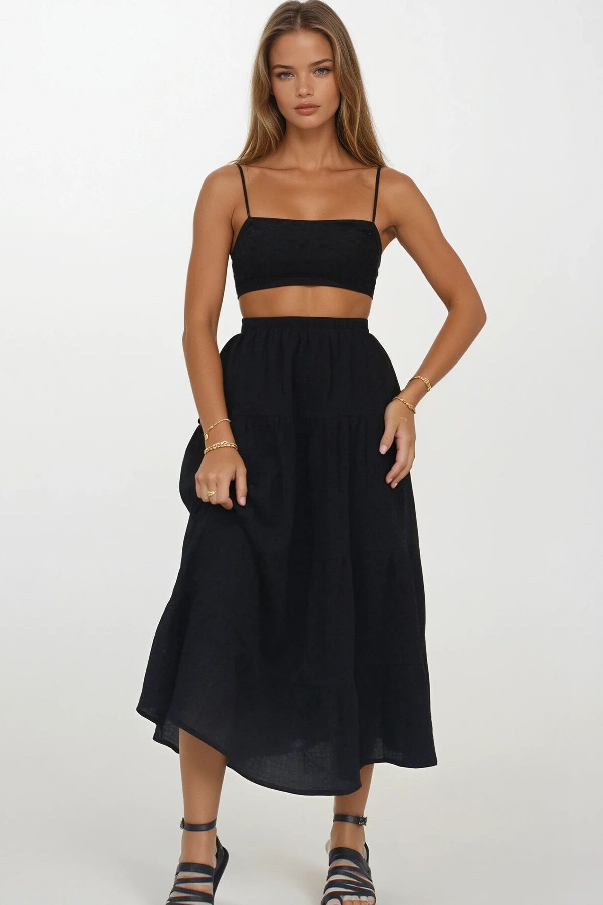 Siyah İçi Astarlı Kat Kat Volanlı Midi Boy Etek