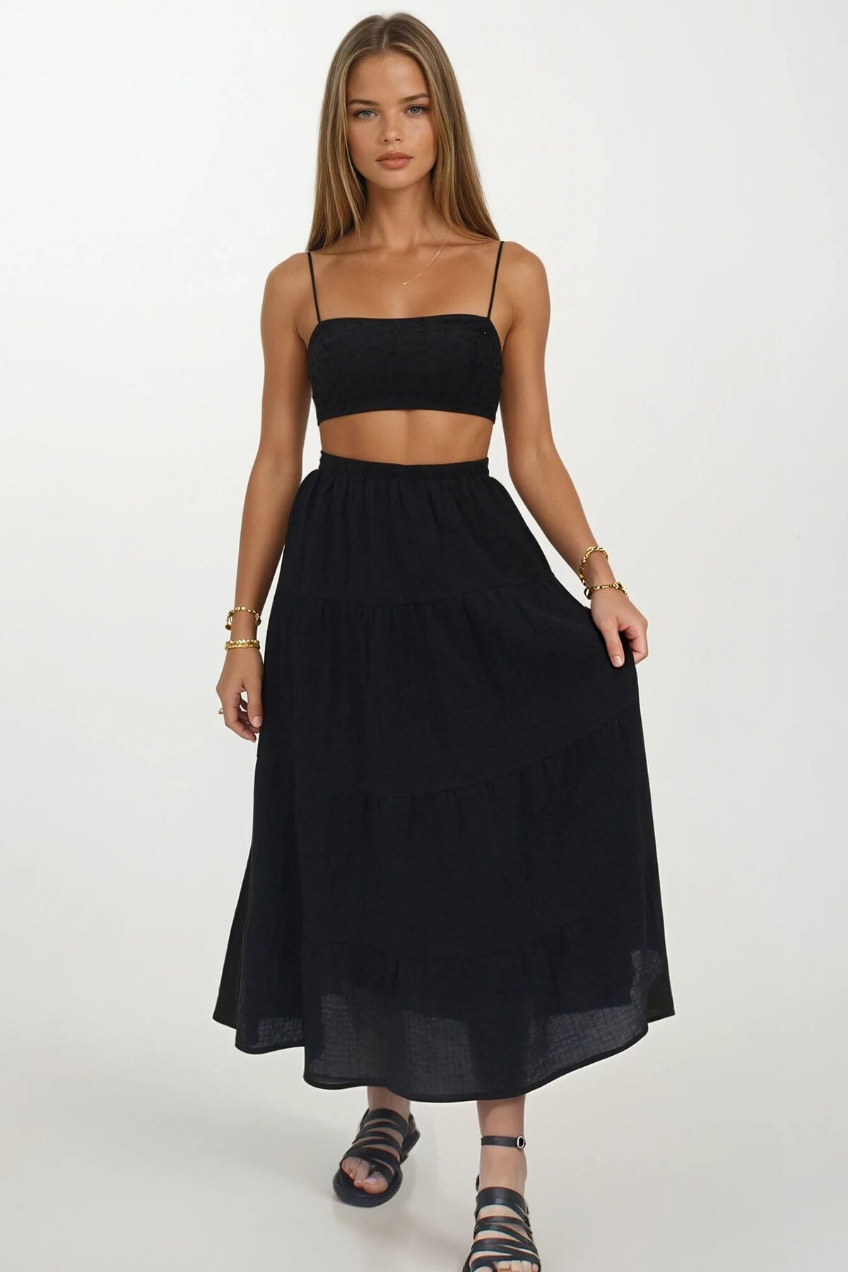 Siyah İçi Astarlı Kat Kat Volanlı Midi Boy Etek
