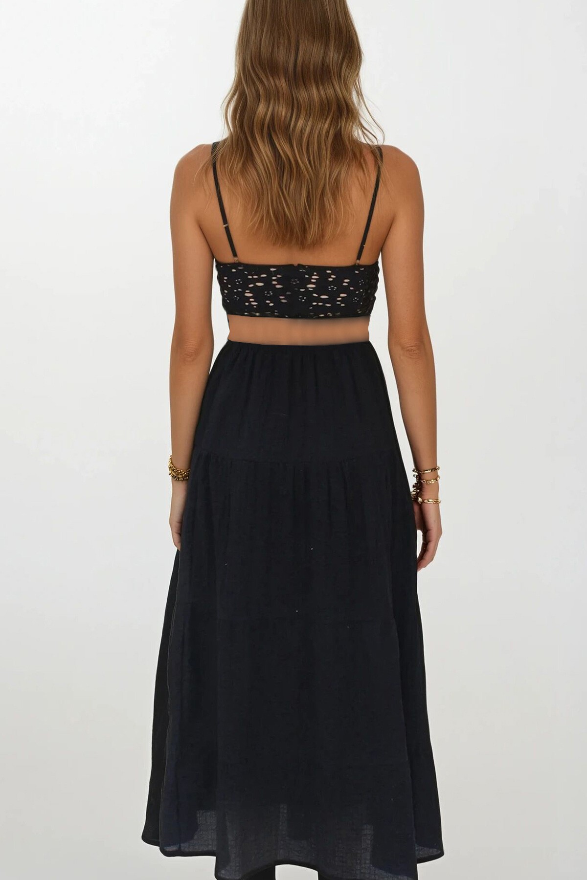 Siyah İçi Astarlı Kat Kat Volanlı Midi Boy Etek