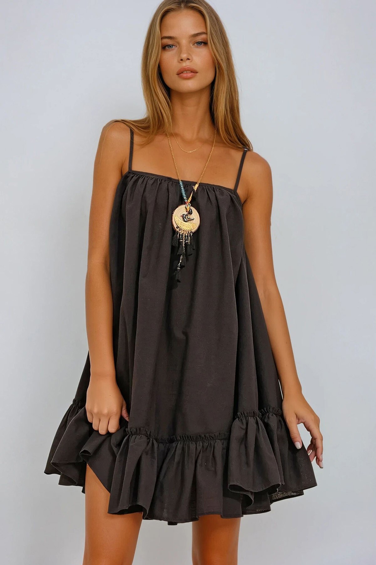 Siyah İp Askılı Eteği Volanlı Terry Cotton Keten Elbise