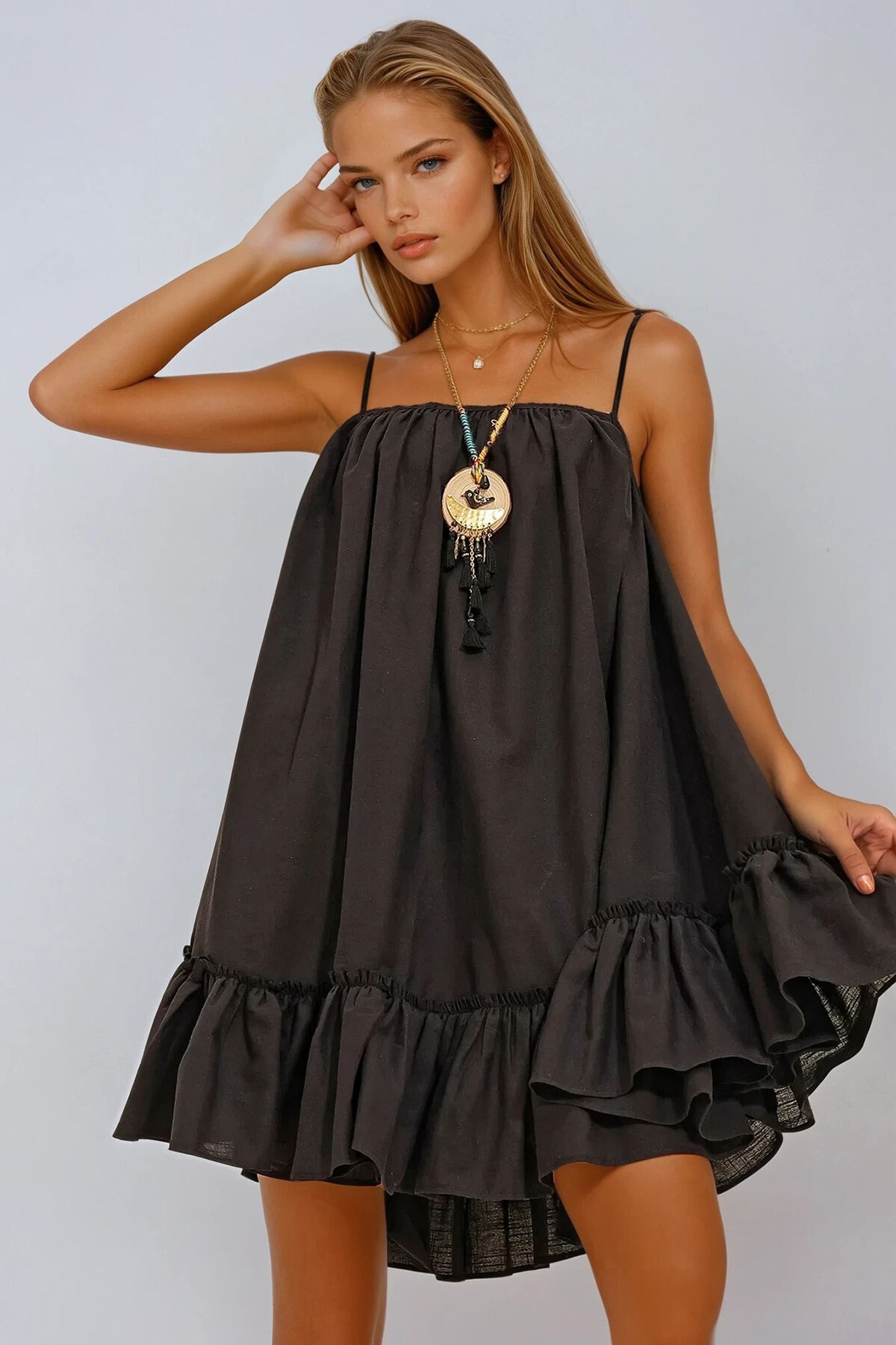 Siyah İp Askılı Eteği Volanlı Terry Cotton Keten Elbise