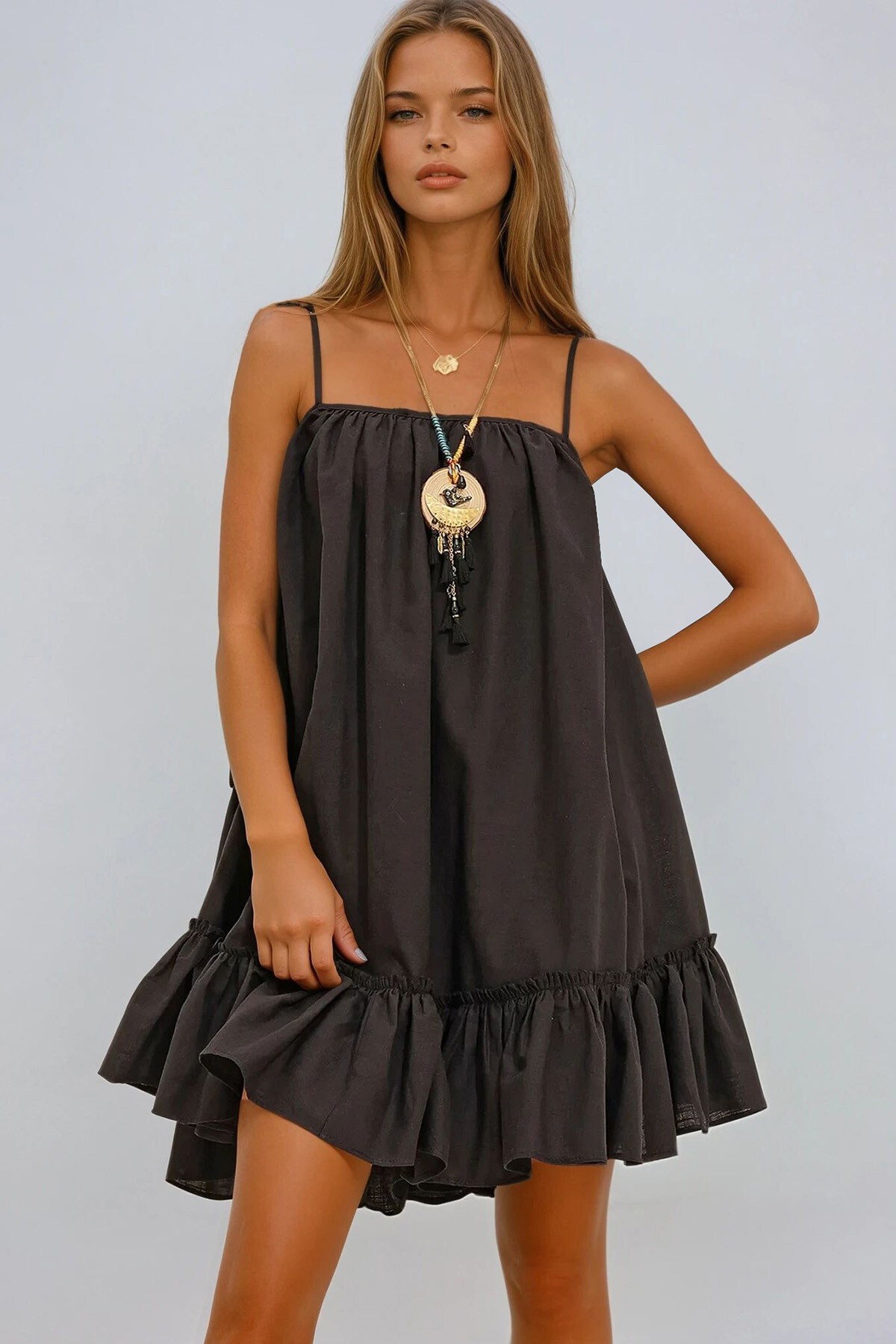 Siyah İp Askılı Eteği Volanlı Terry Cotton Keten Elbise