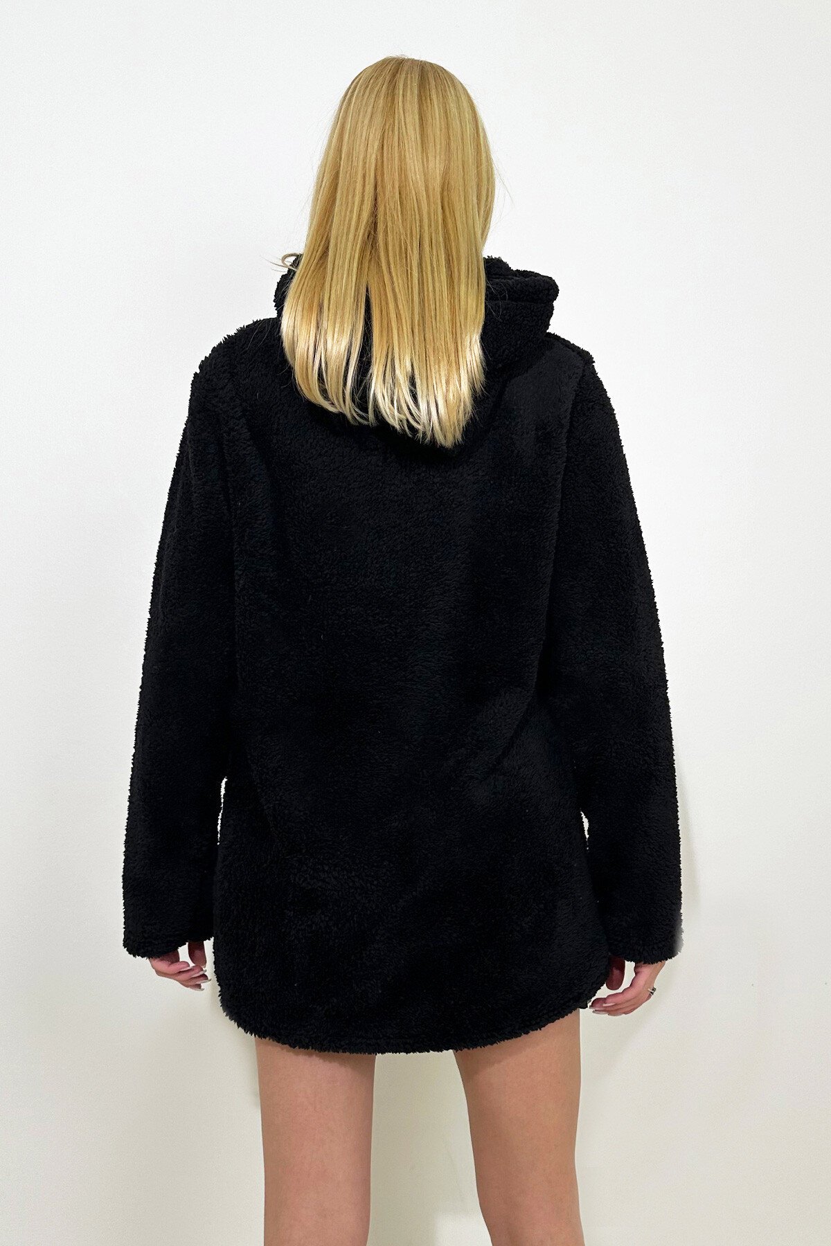 Siyah Kapüşonlu Önü Fermuarlı Çift Cepli Oversize Peluş Sweatshirt