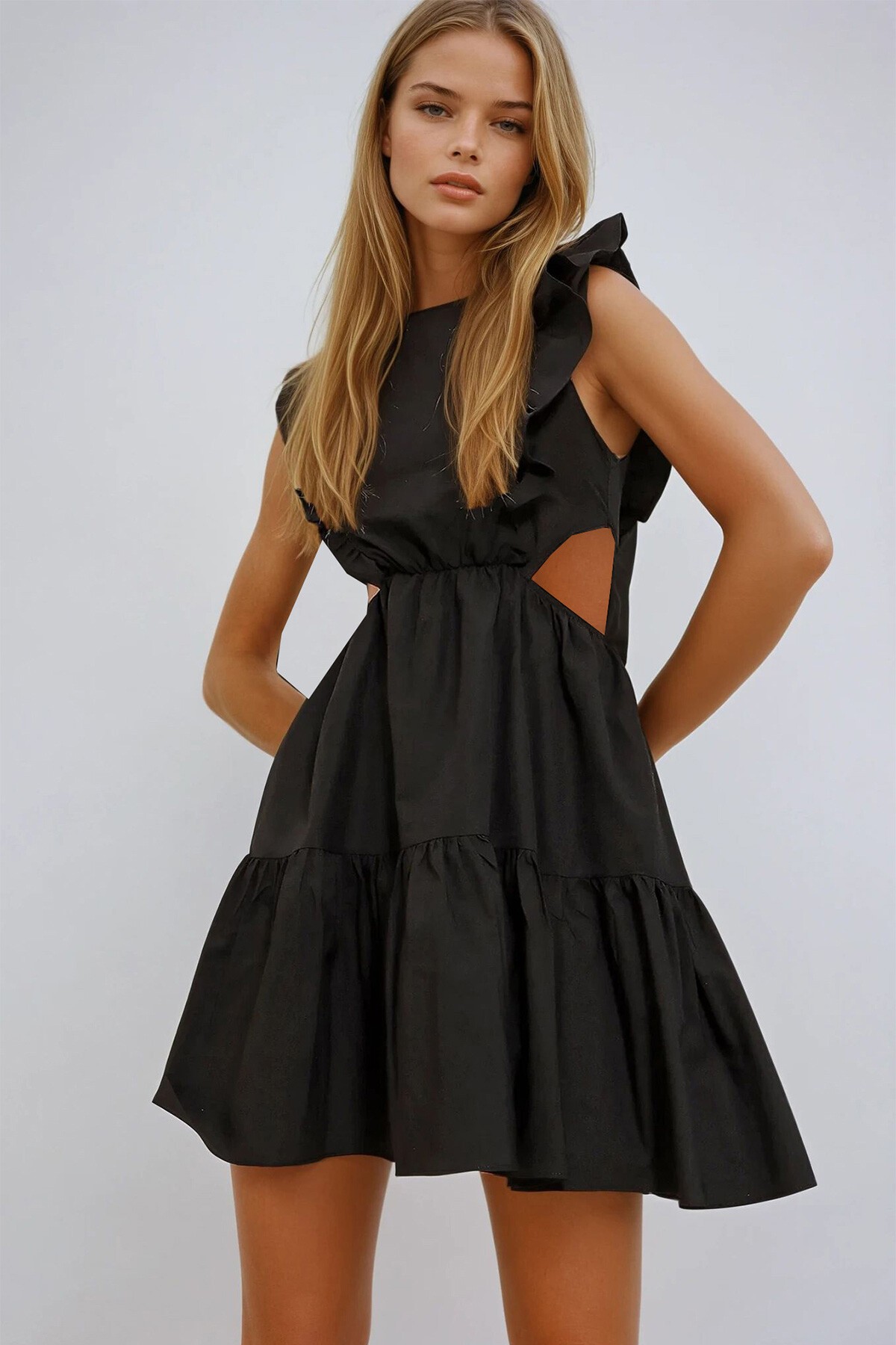 Siyah Kayık Yaka Beli Dekolteli Yanları Volanlı Poplin Elbise