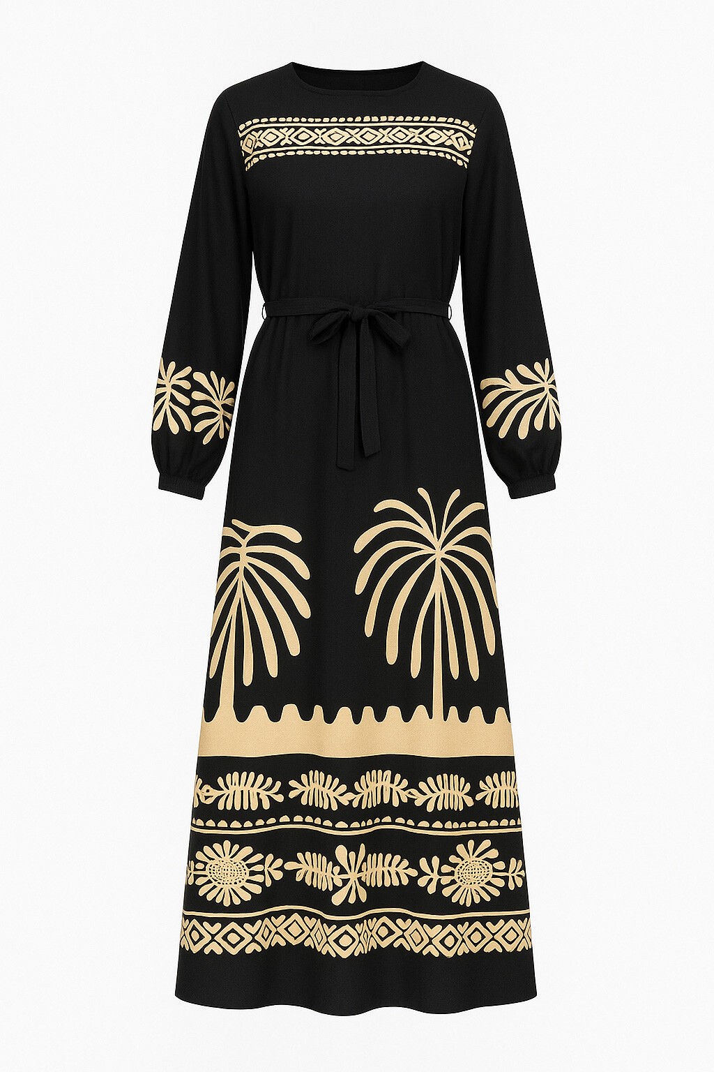 Siyah Yırtmaç Yakalı Beli Kuşaklı Desenli Dokuma Viskon Elbise