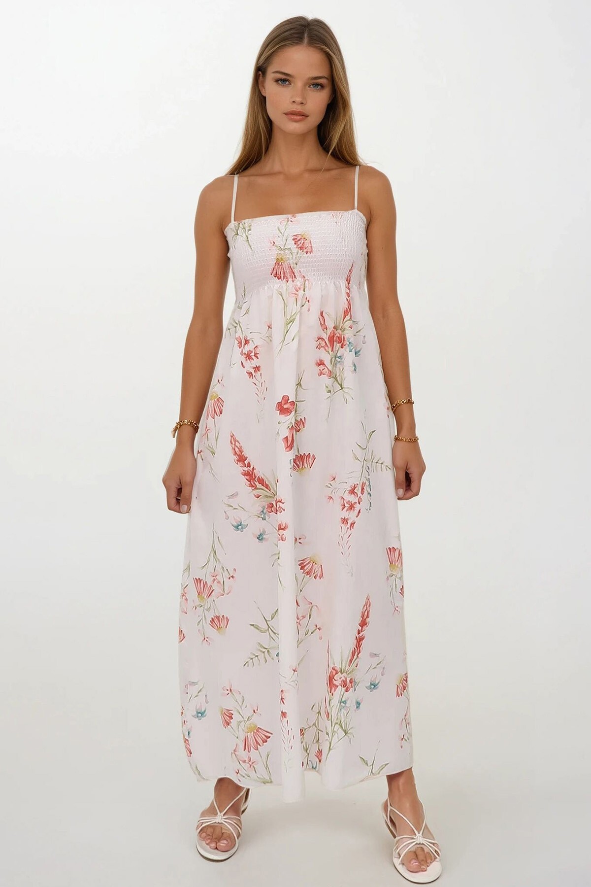 Somon Çiçek Desenli İp Askılı Midi Boy Elbise