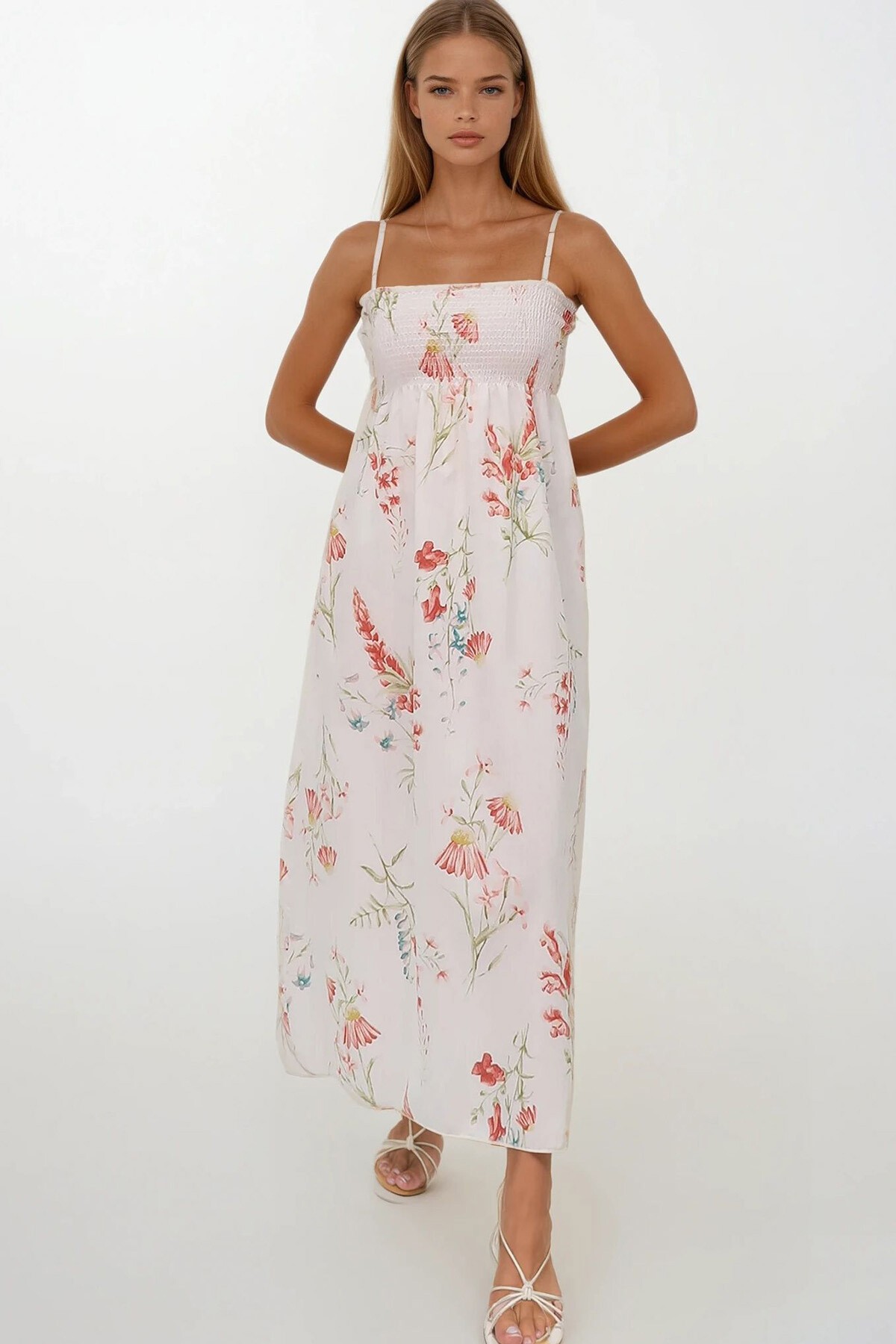 Somon Çiçek Desenli İp Askılı Midi Boy Elbise