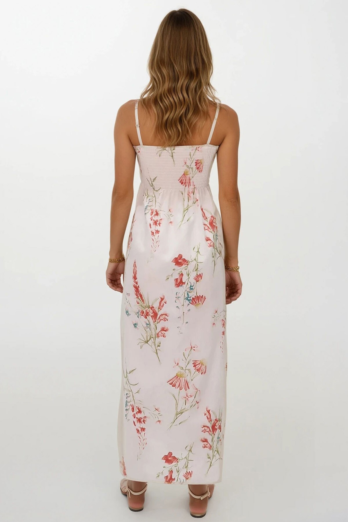 Somon Çiçek Desenli İp Askılı Midi Boy Elbise