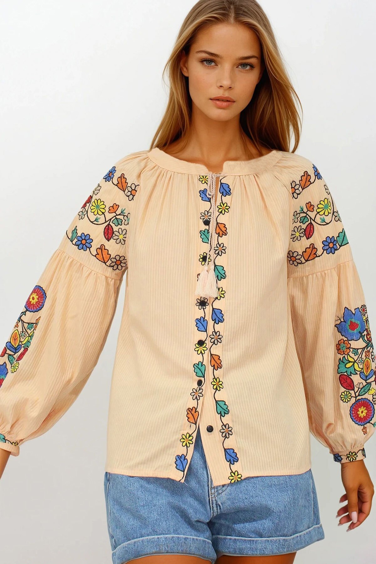 Somon Hakim Yaka Püskül Bağcıklı Nakışlı Armürlü Dokuma Gömlek