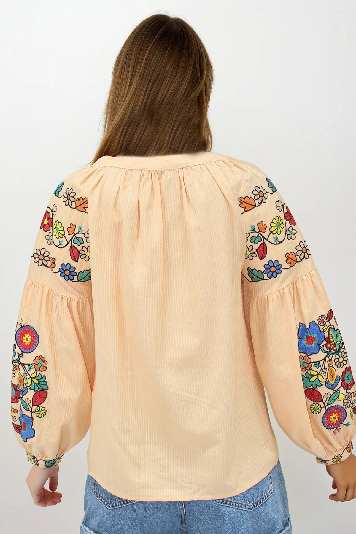 Somon Hakim Yaka Püskül Bağcıklı Nakışlı Armürlü Dokuma Gömlek